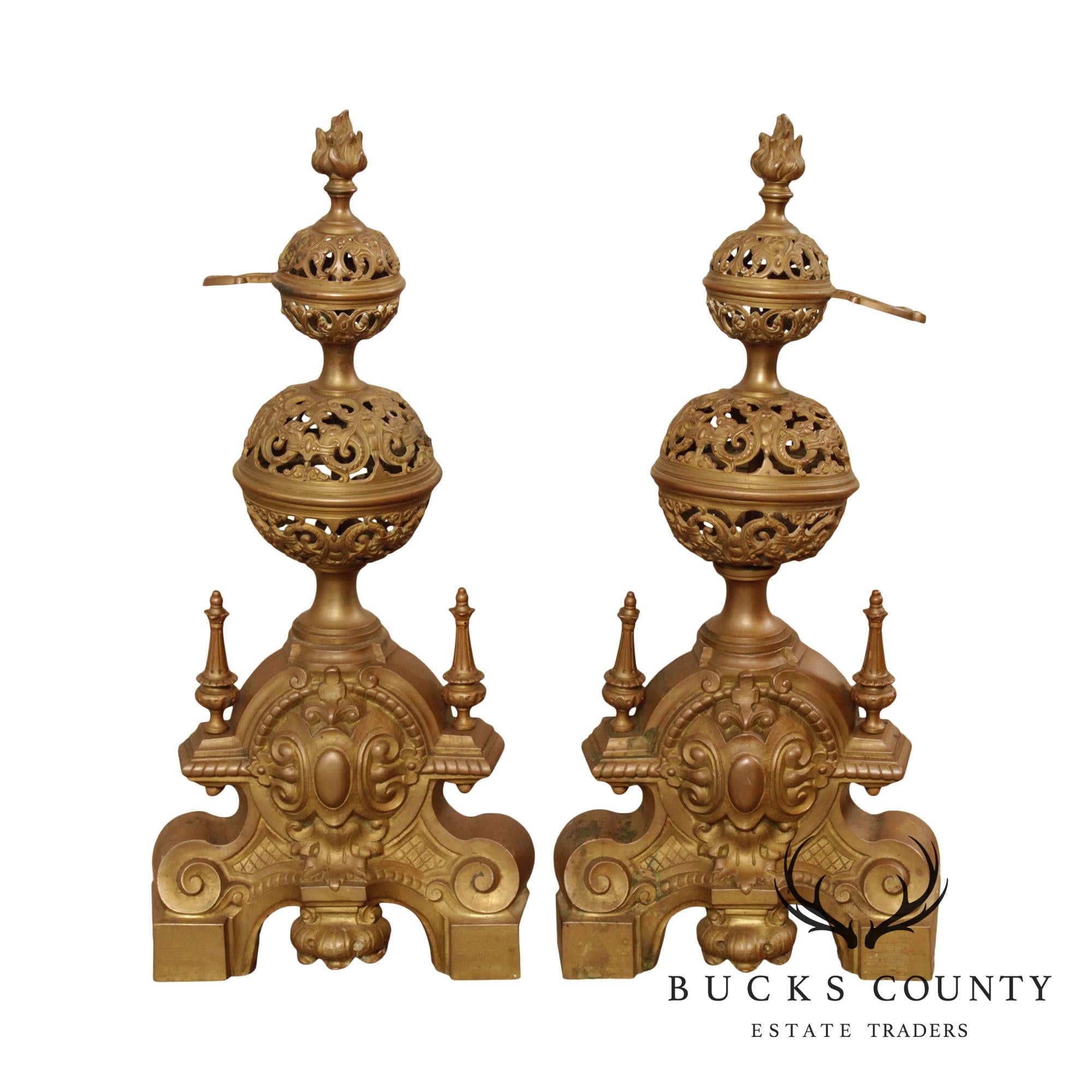 Renaissance Revival Quality Vintage Pair Brass Andirons