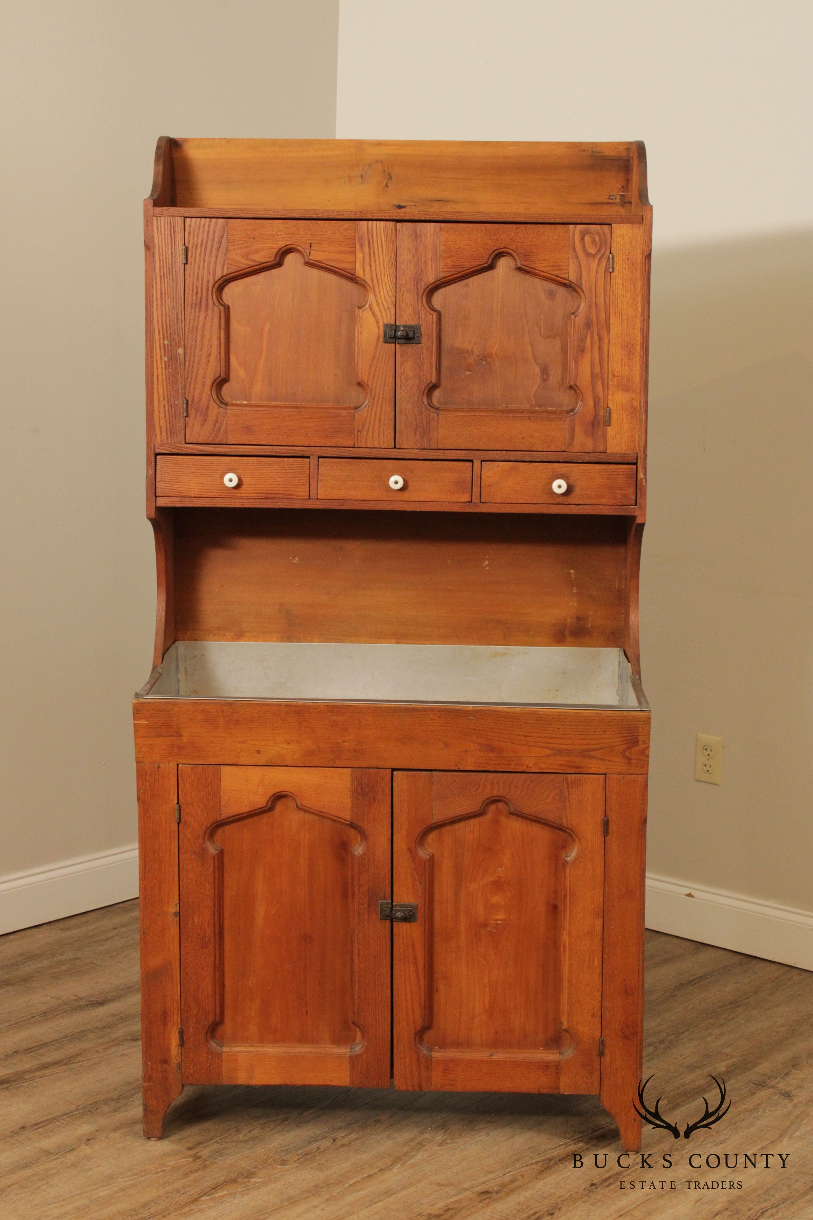 Antique American Poplar & Chestnut Dry Sink Hutch Cabinet