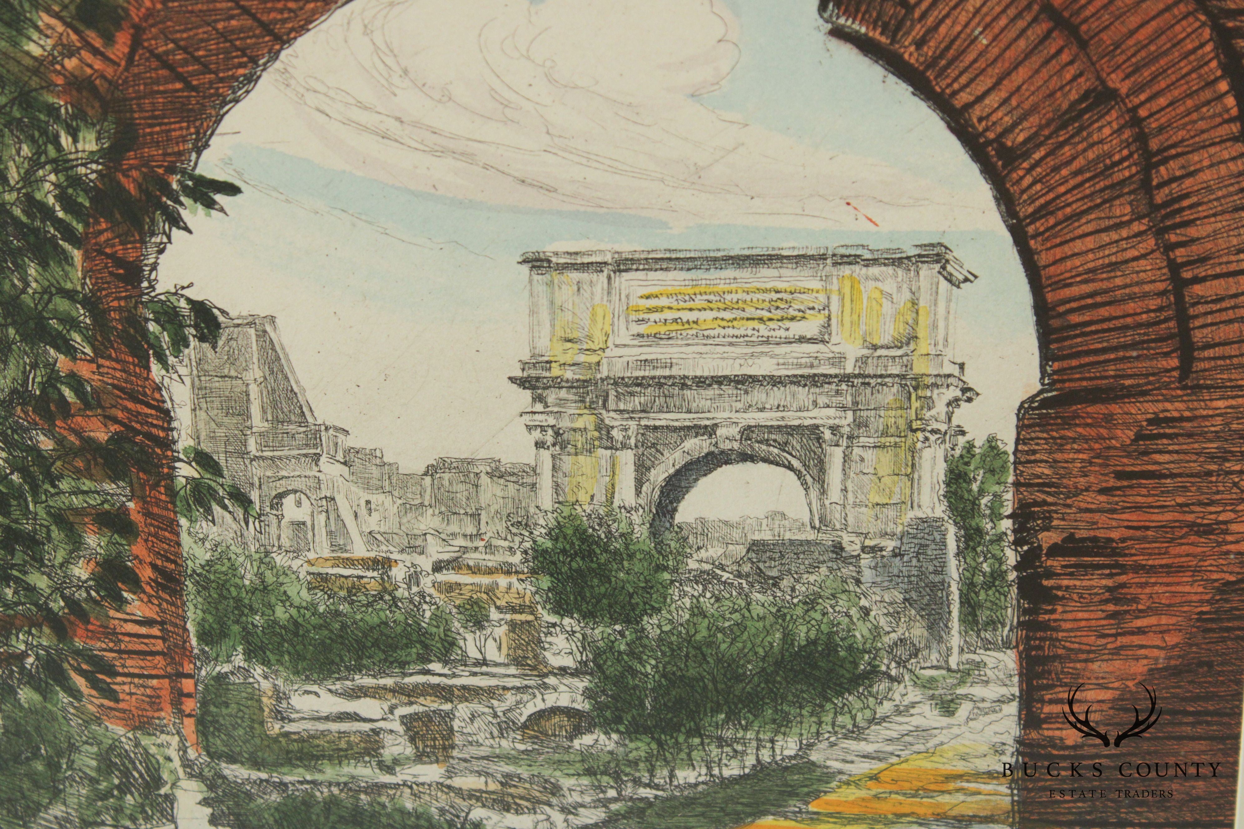 Sziklay Bela Italian Roman Ruins Colored Etching