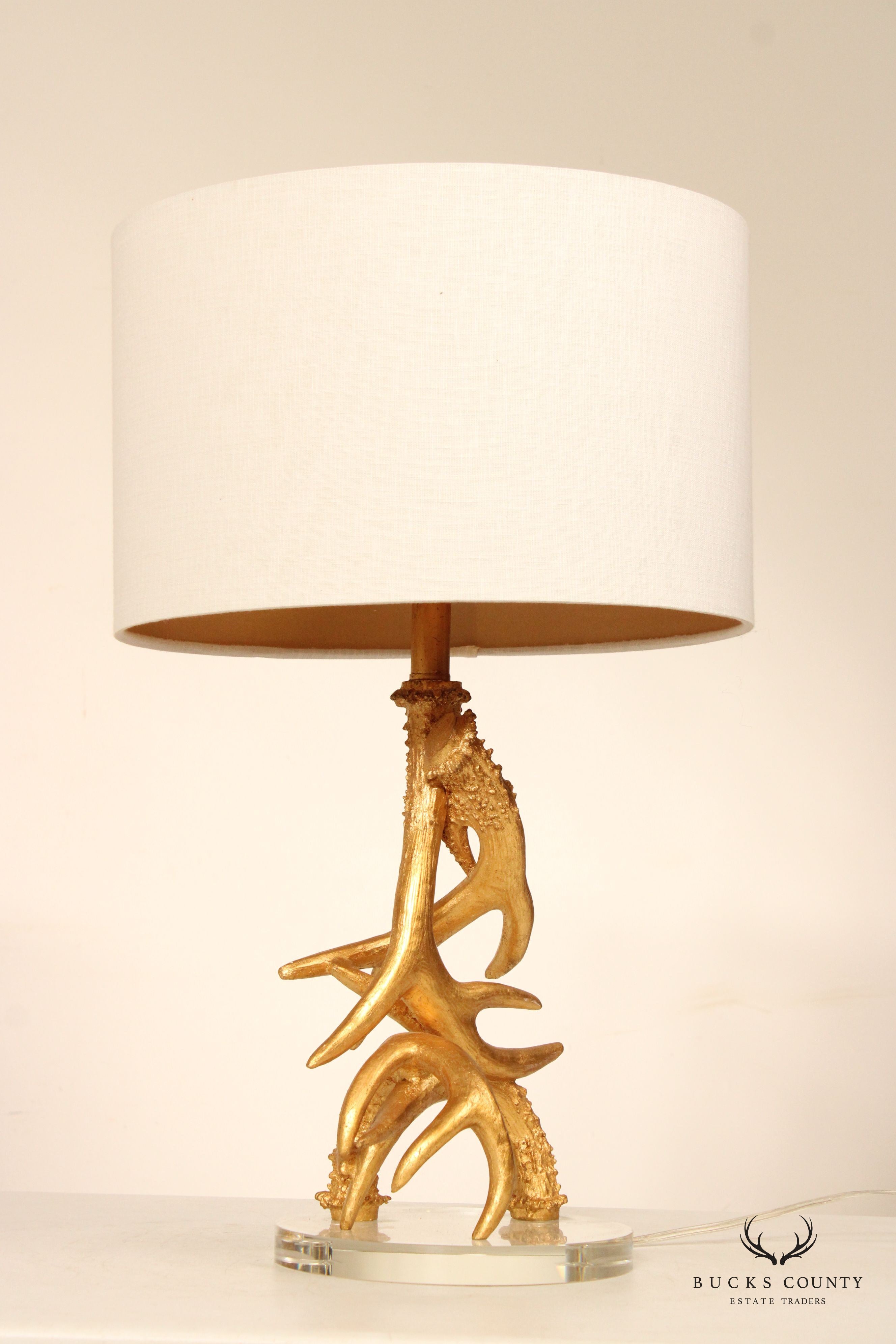 Contemporary Rustic Pair Gilt Antler Table Lamps