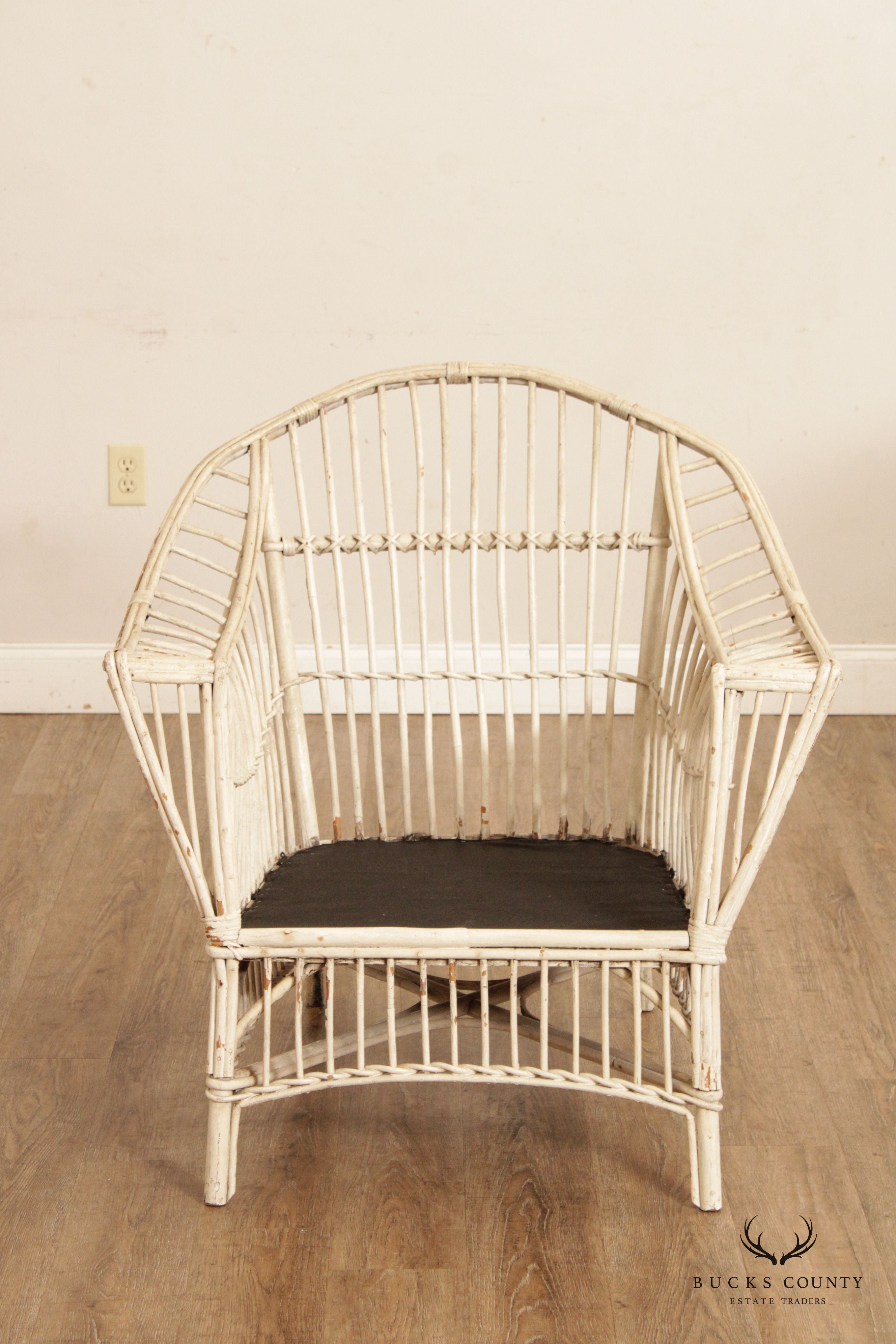 Vintage Coastal White Painted Split Reed Wicker Rattan Pair Patio Lounge Chairs