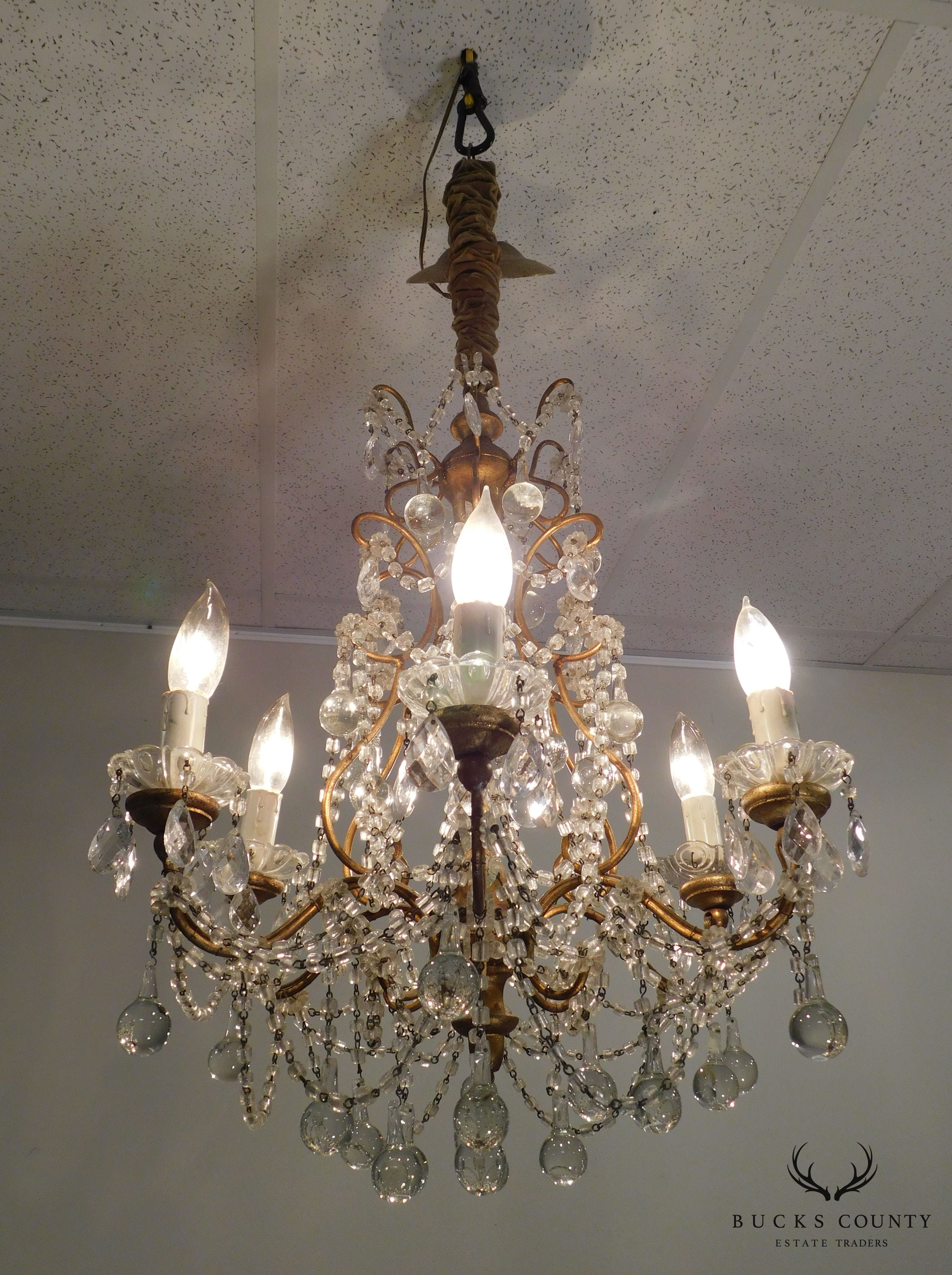 Vintage Italian Gilt Metal Chandelier with Teardrop Prisms