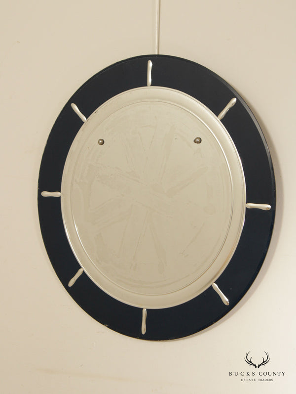 Galax Mirror Co. Art Deco Blue & Silver Ship-Wheel Round Mirror