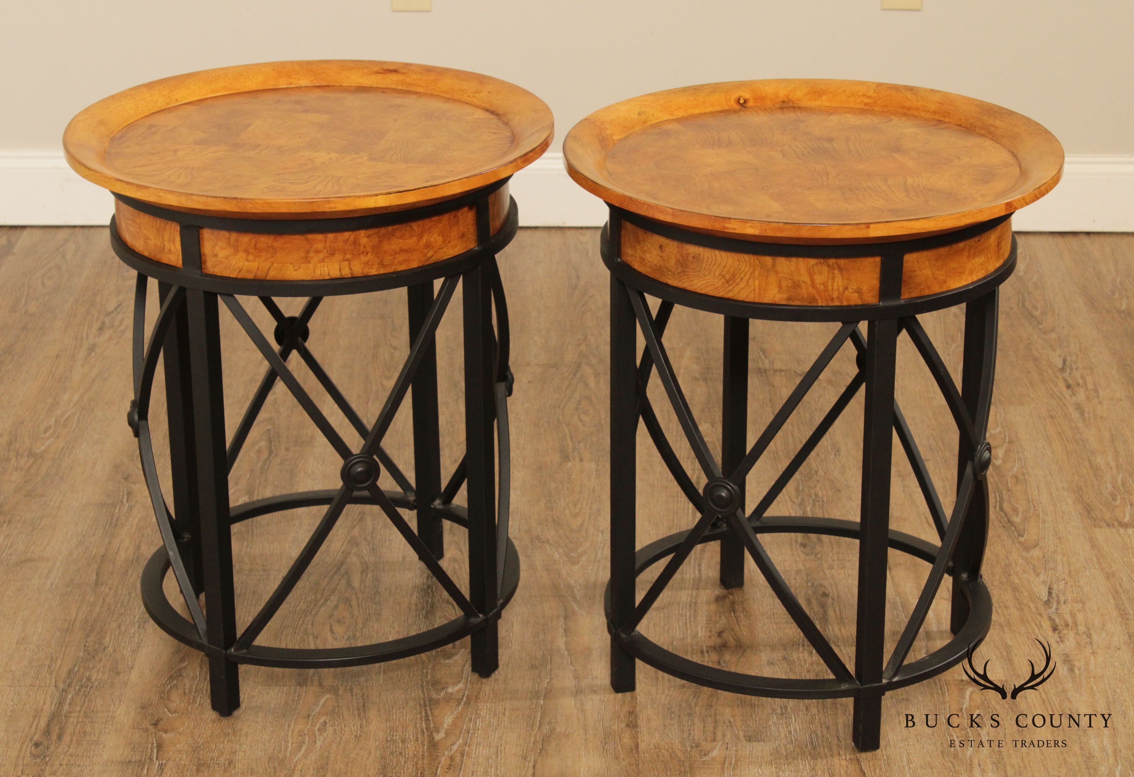 Round Iron and Burled Wood Pair Side Tables