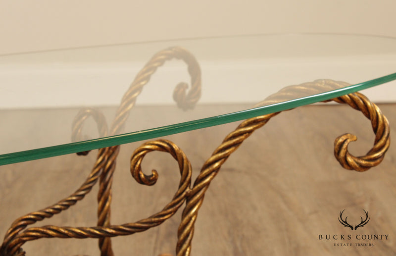 Hollywood Regency Vintage Italian Gilt Metal Rope Turned Glass Top Coffee Table