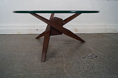 Mid Century Walnut Cubist Splayed Leg Round Glass Top Coffee Table