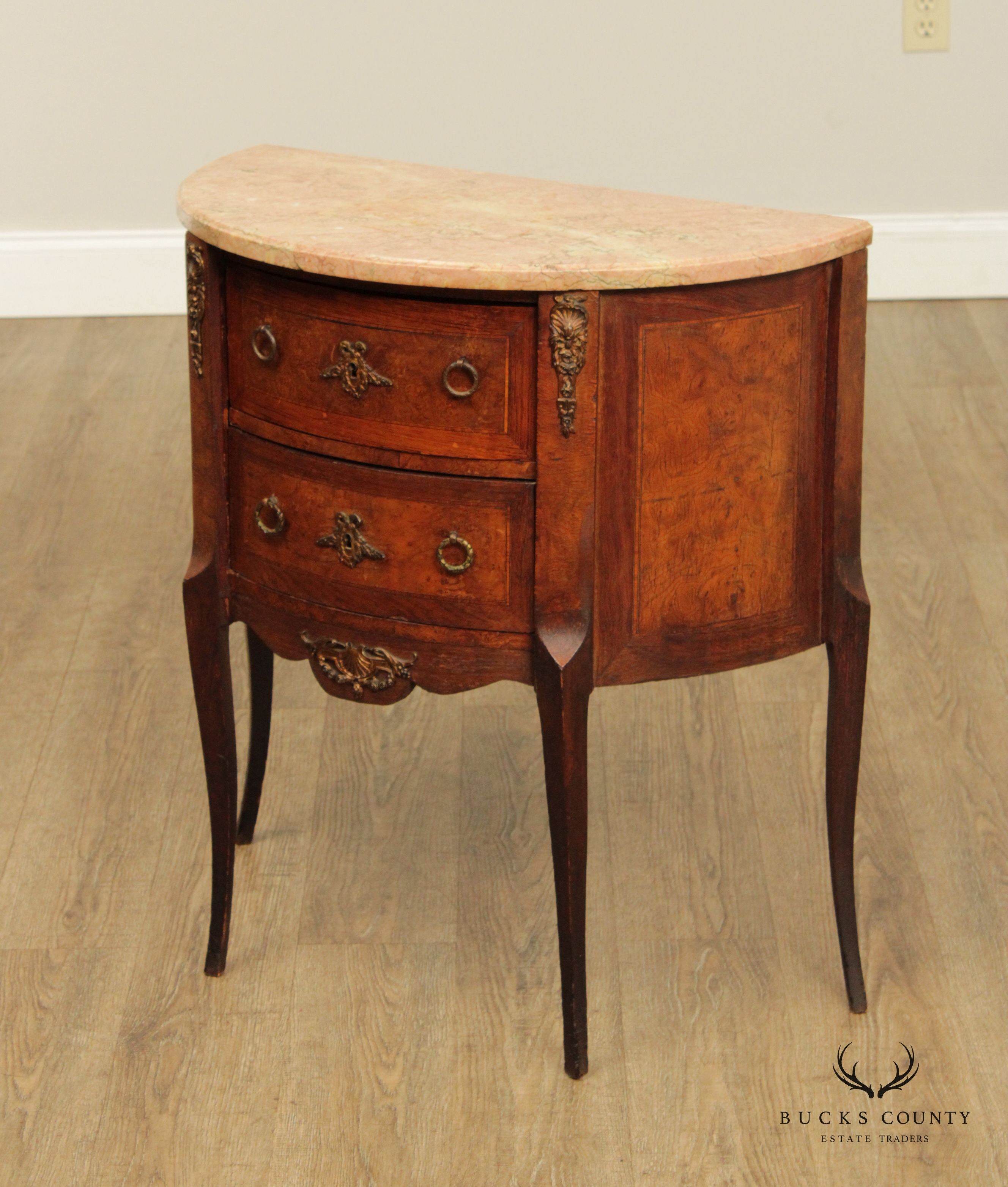 Antique French Louis XV Style Oak and Burlwood Marble Top Commode