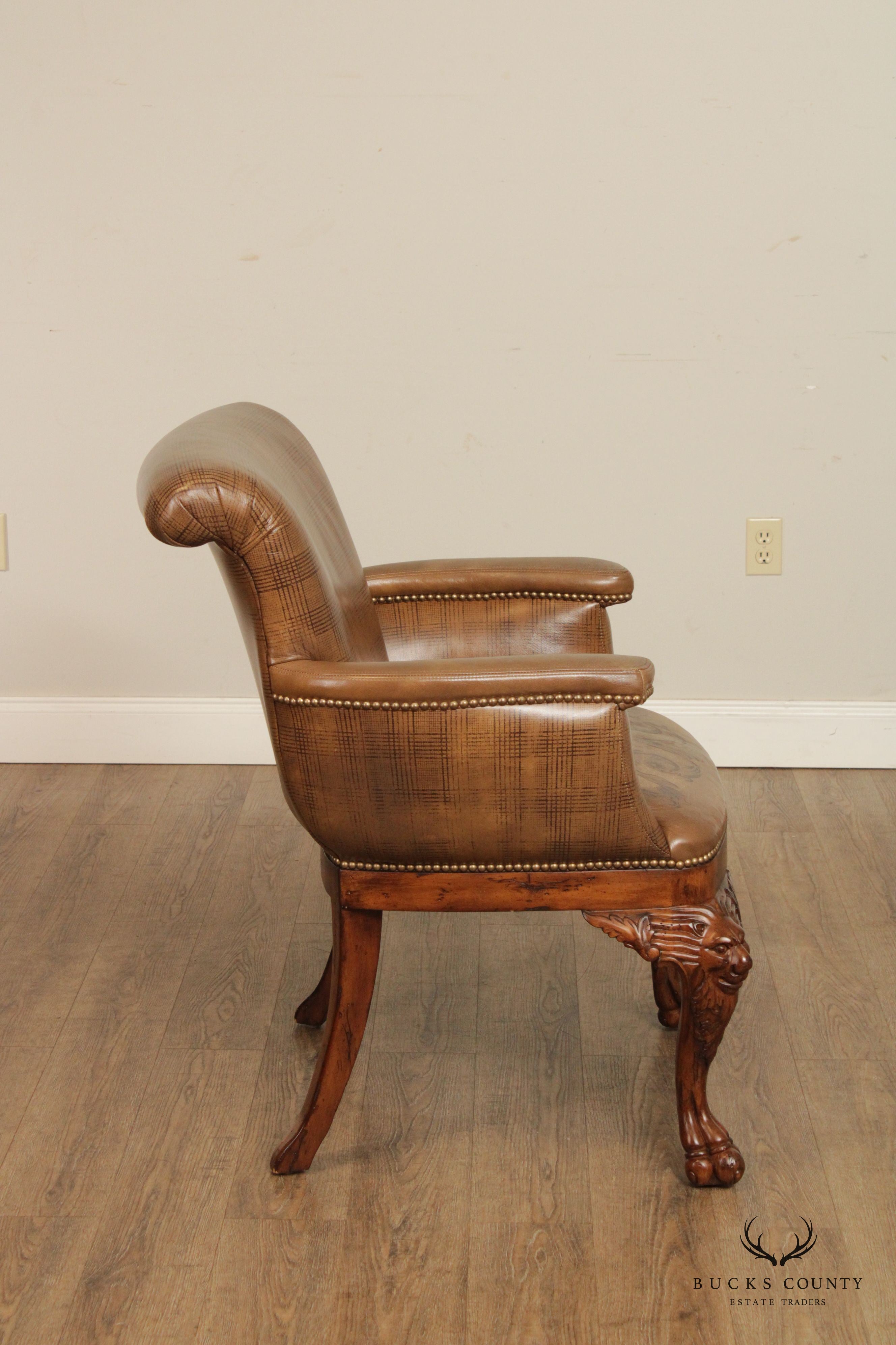 Ferguson Copeland Georgian Style Carved Wood and Tooled Leather Armchair