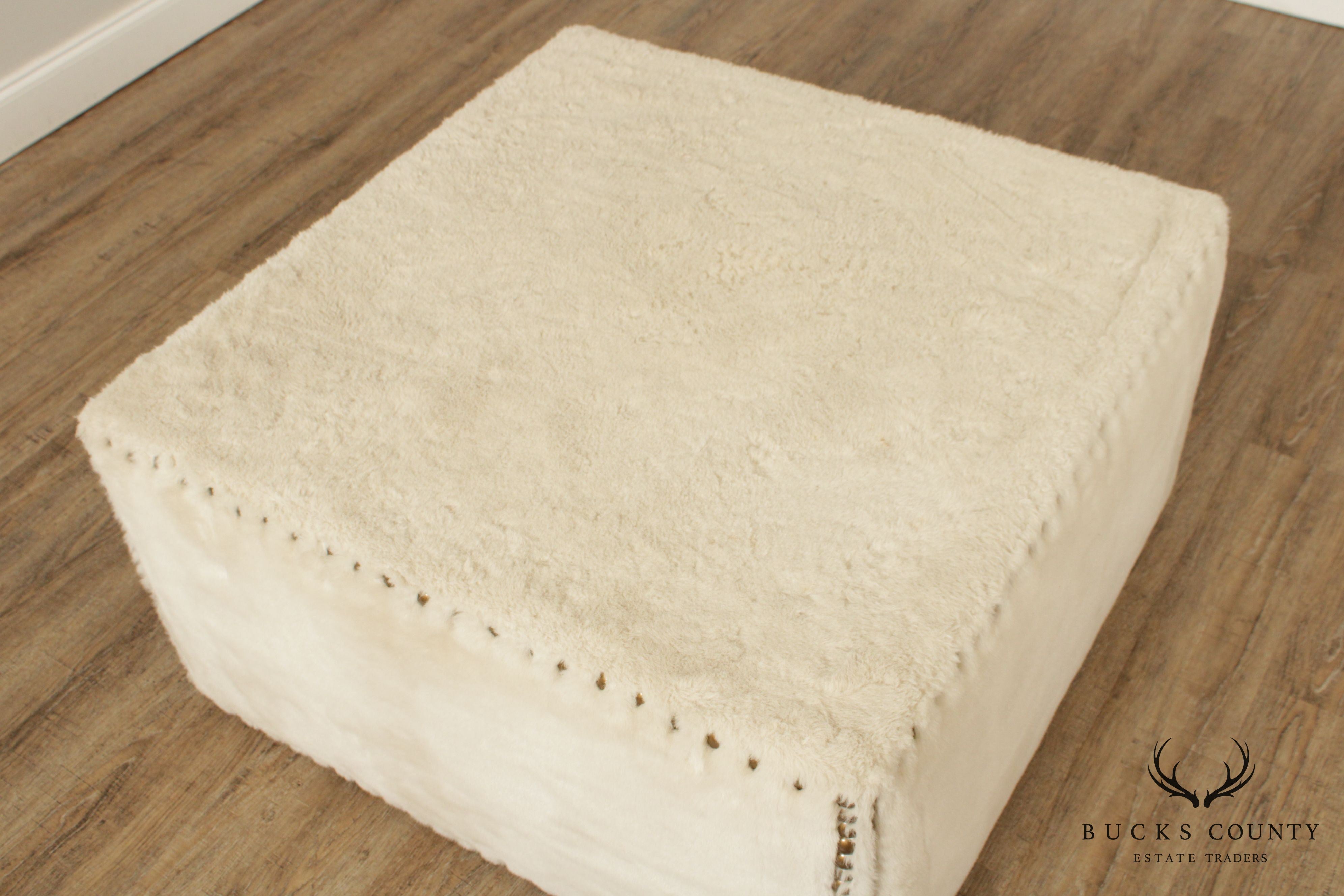 Quality White Faux Fur Large  Square Cocktail Ottoman