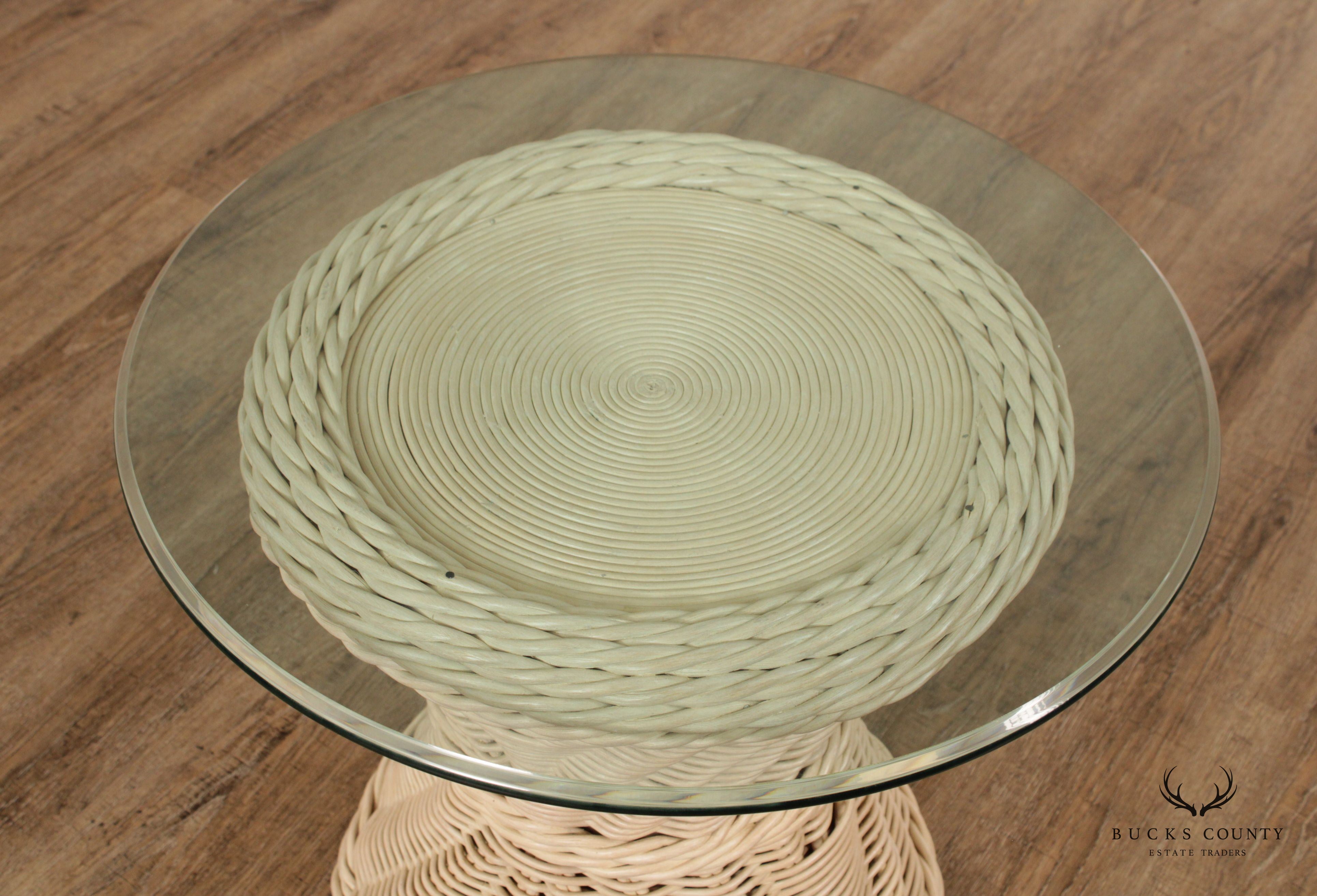 Quality Vintage Round Wicker Rattan Glass Top Side Table (B)