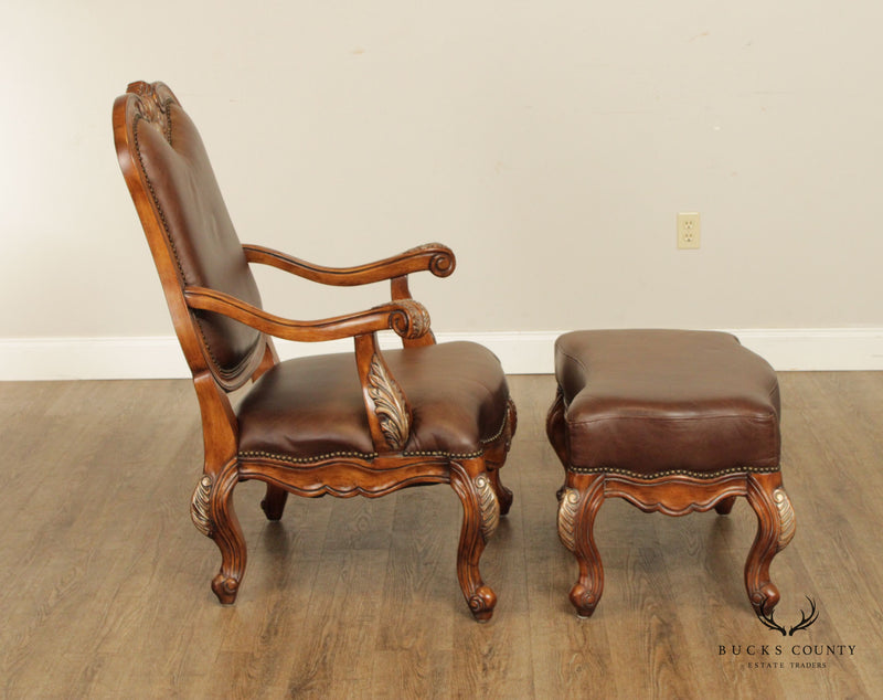 French Provincial Style Pair of Shell-Carved Leather Armchairs and Ottomans