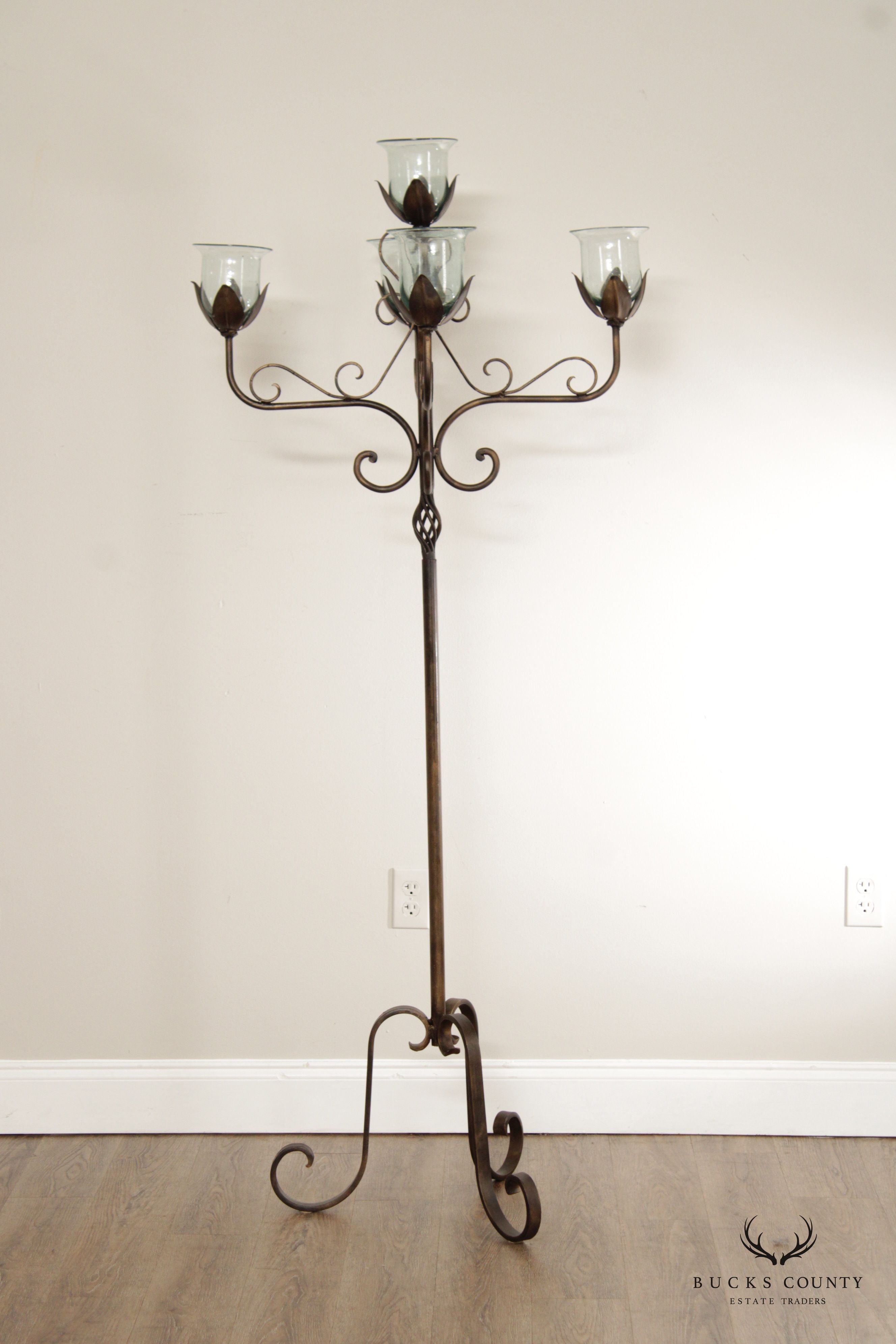 Wrought Iron Floor Candelabra With Glass Shades