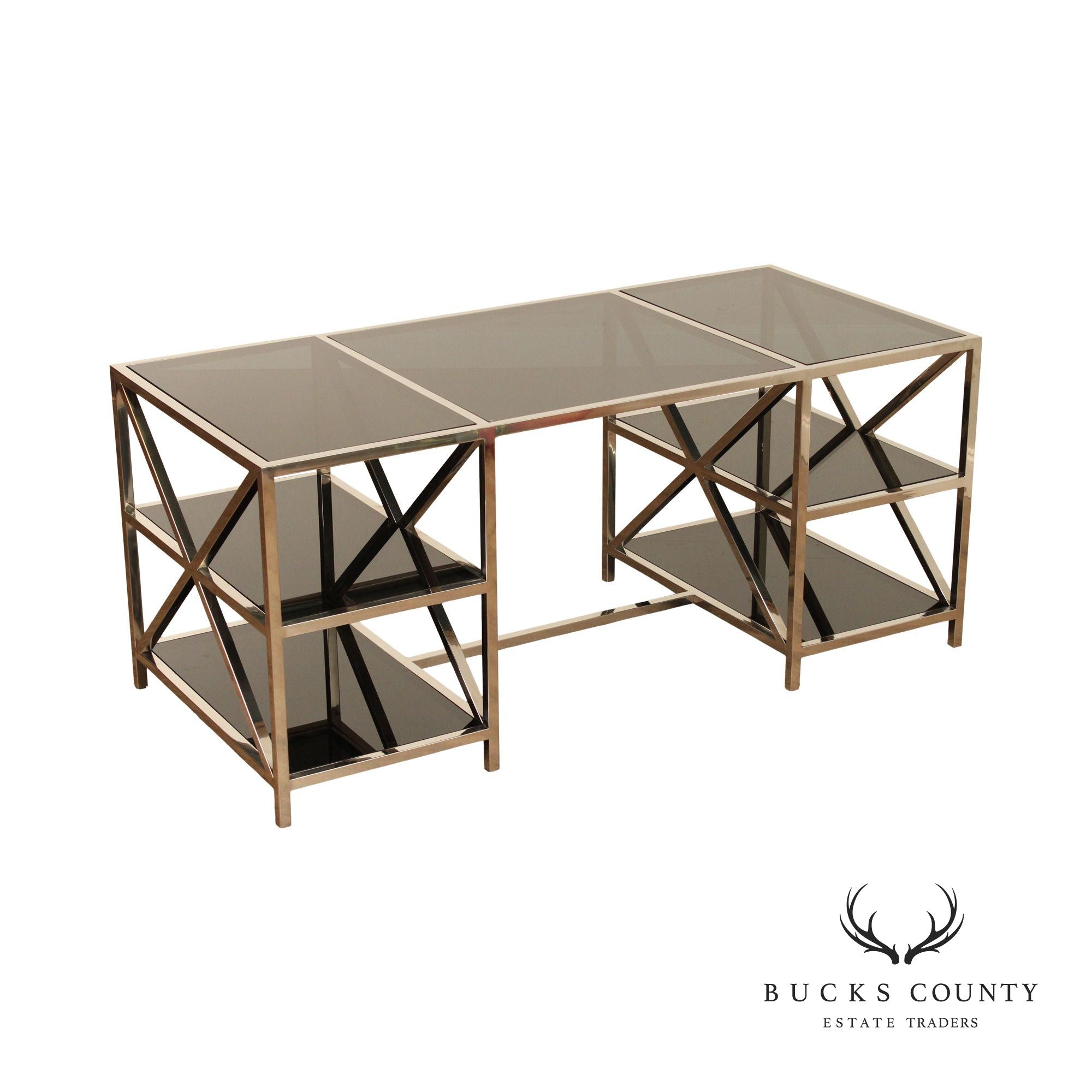 Contemporary Chromed and Smoked Glass X-Base Executive Desk