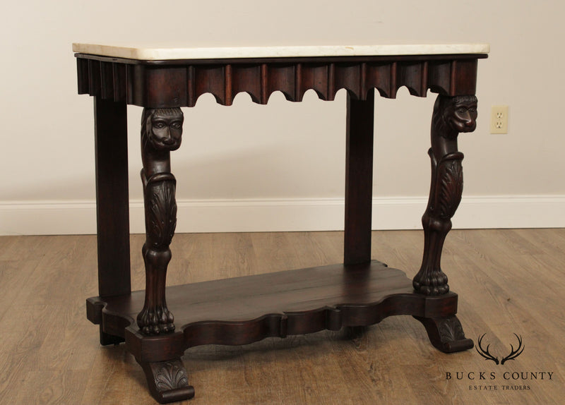 Antique 19th Century Anglo Indian Renaissance Carved Rosewood Marble Top Consoles Tables