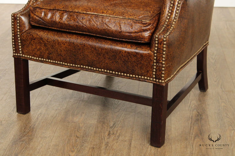 Chippendale Style Vintage Pair Leather Wing Chairs and Ottomans