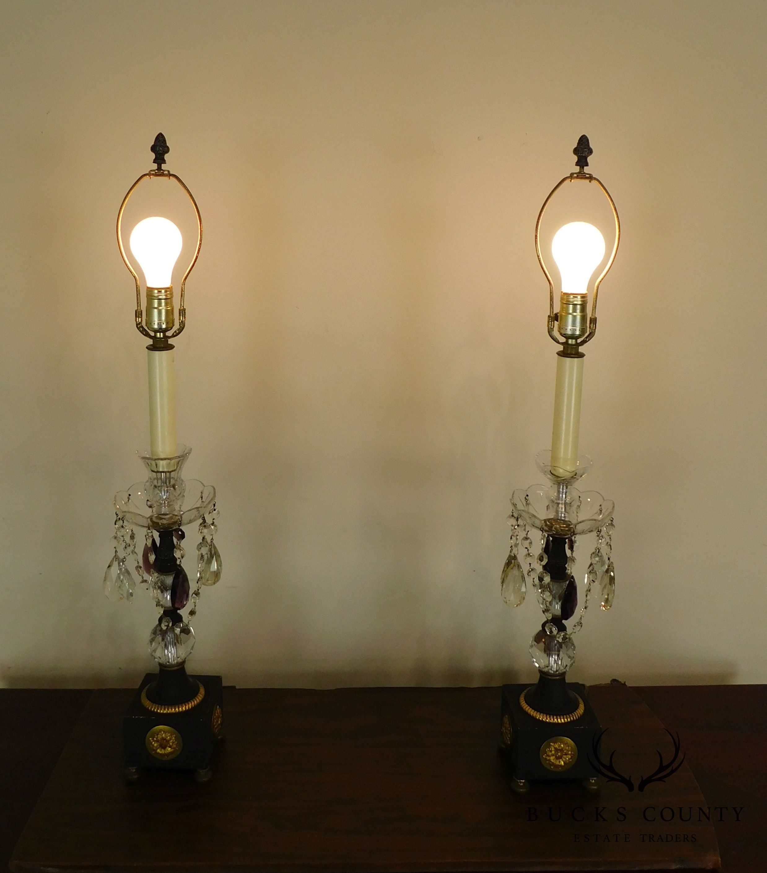 Pair French Empire Table Lamps with Fabric Shades, Turned Stems with Faceted Crystal Balls