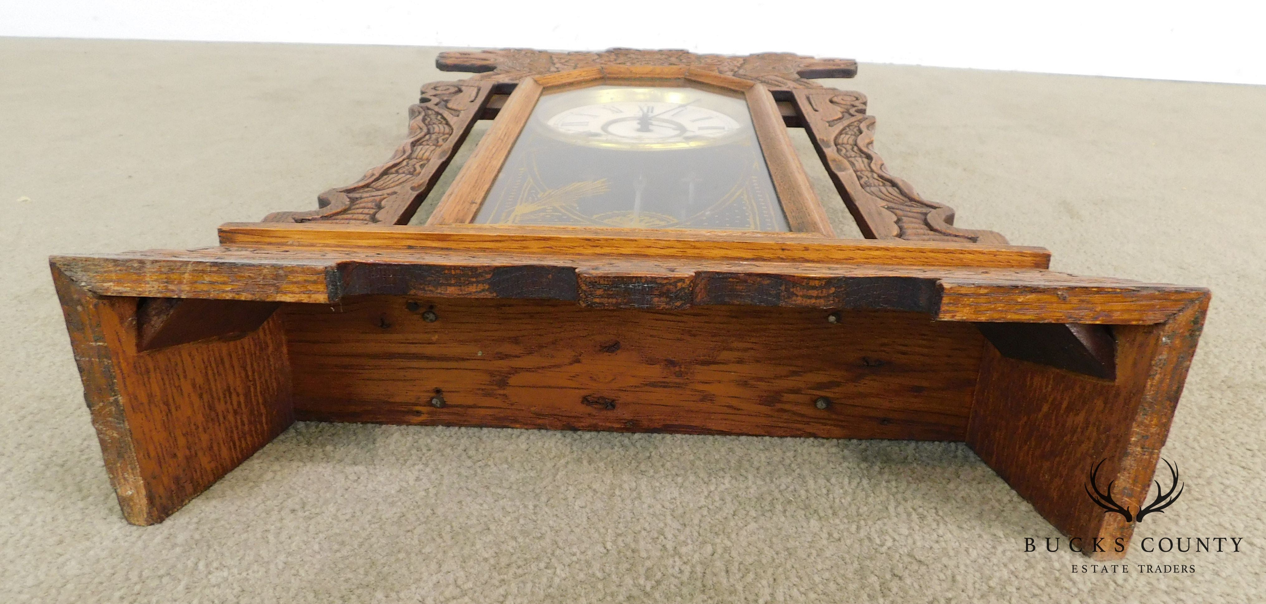 New Haven Antique Lion Carved Oak Gingerbread Kitchen Clock