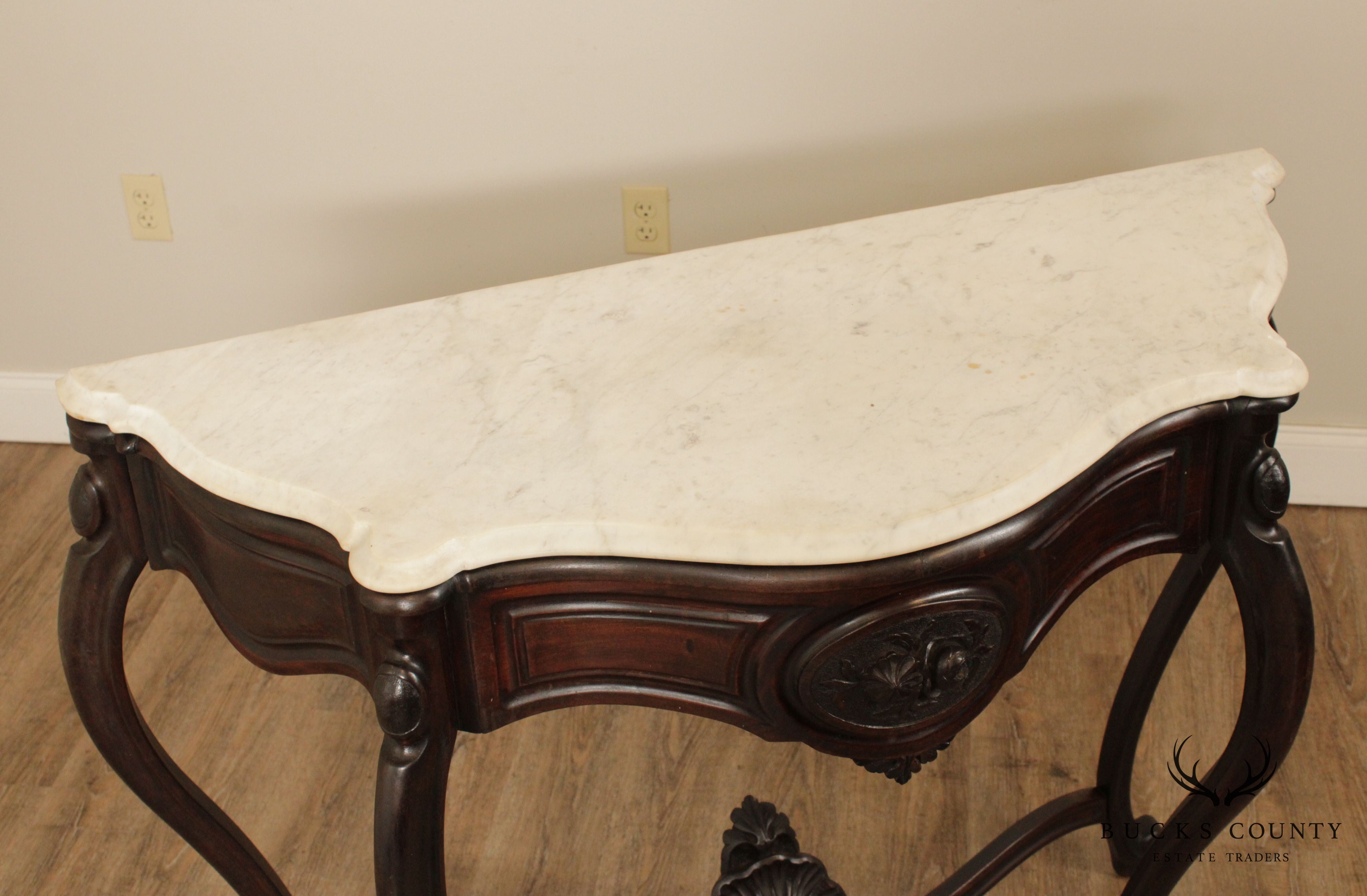 Antique Victorian Renaissance Revival Marble Top Walnut Console Table