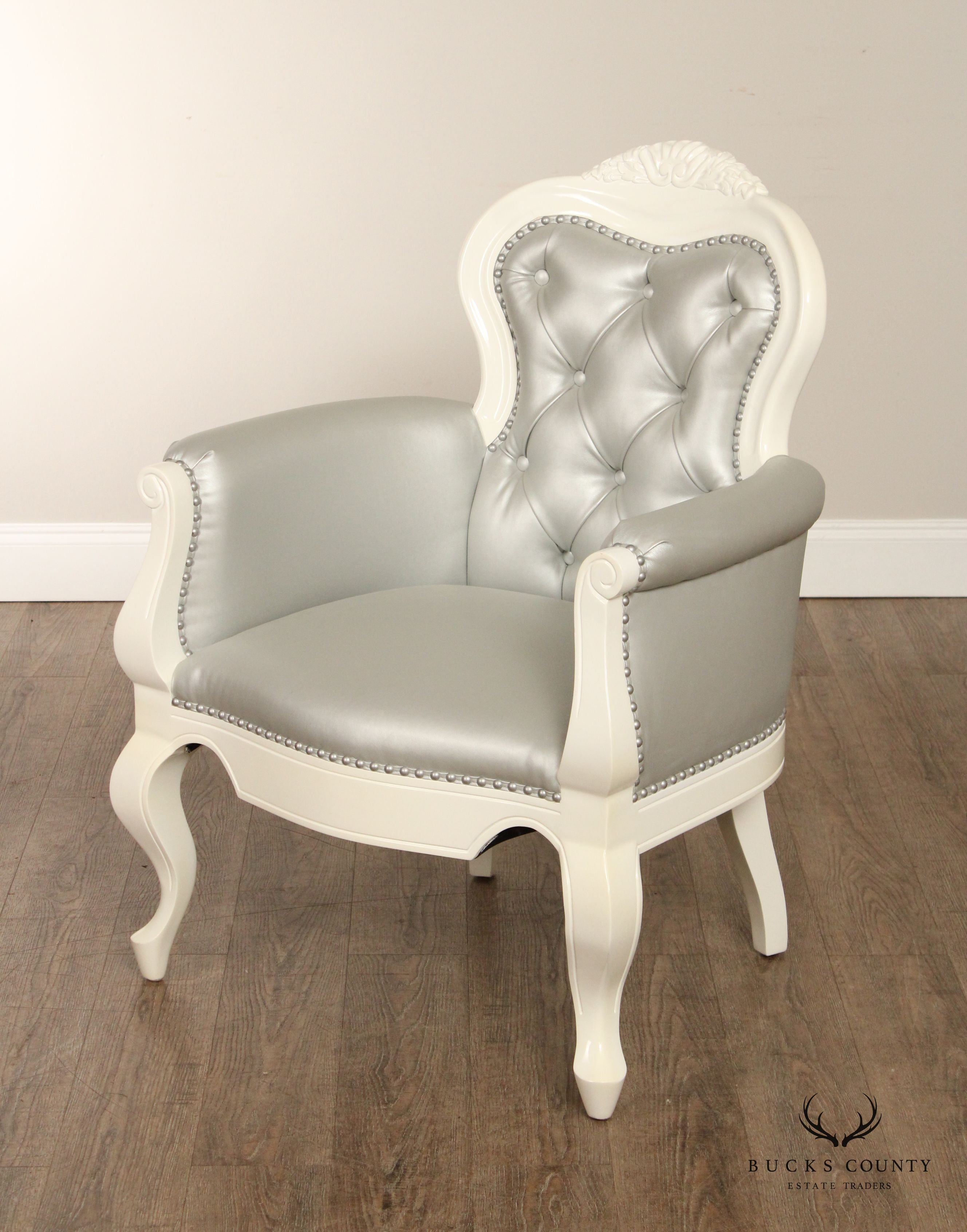 French Rococo Style White Lacquered Tufted Armchair