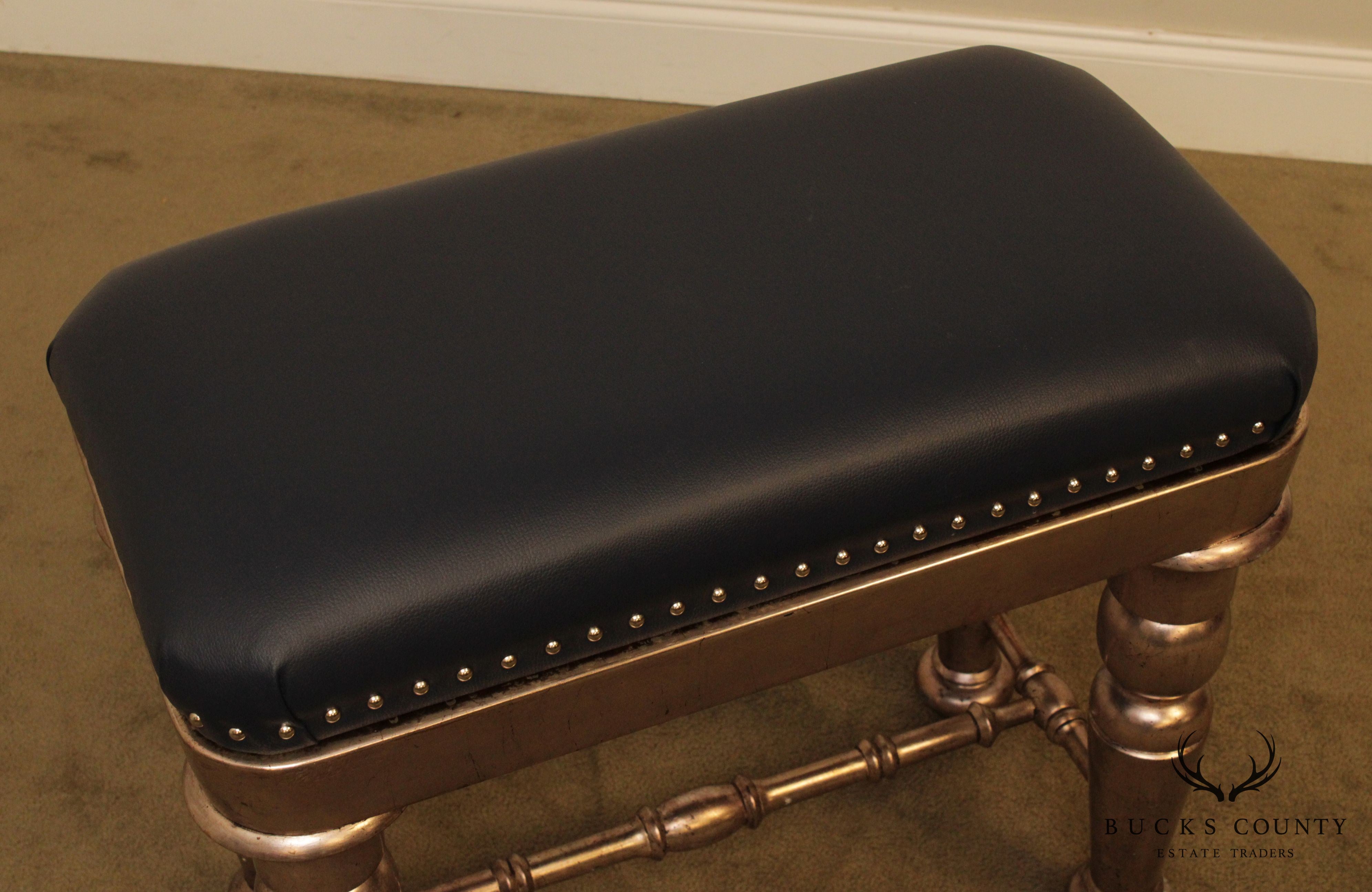 Custom Silver Finished Leather Tufted Bench