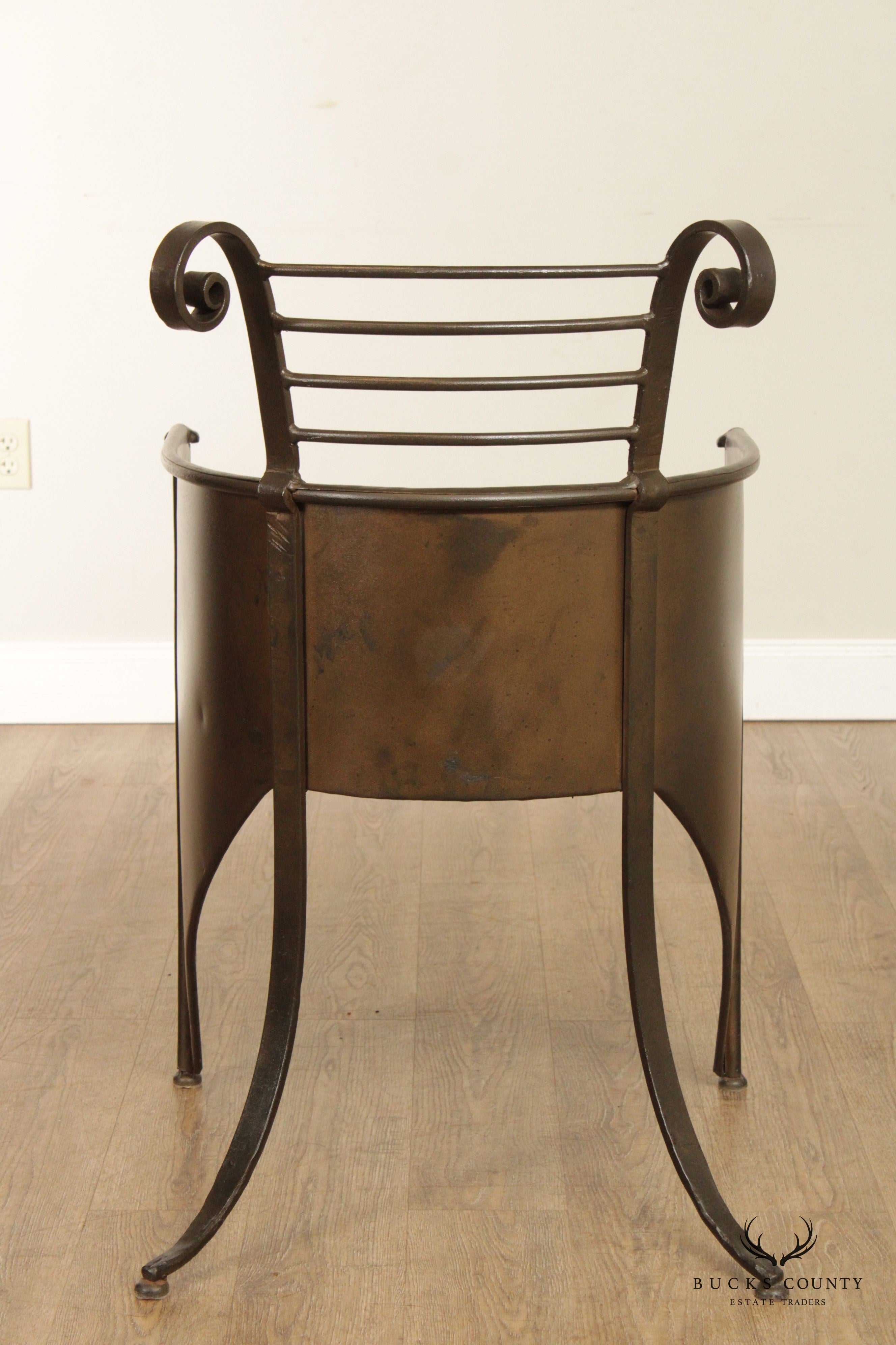 French Industrial Style Custom Pair of Wrought Iron Barrel Chairs