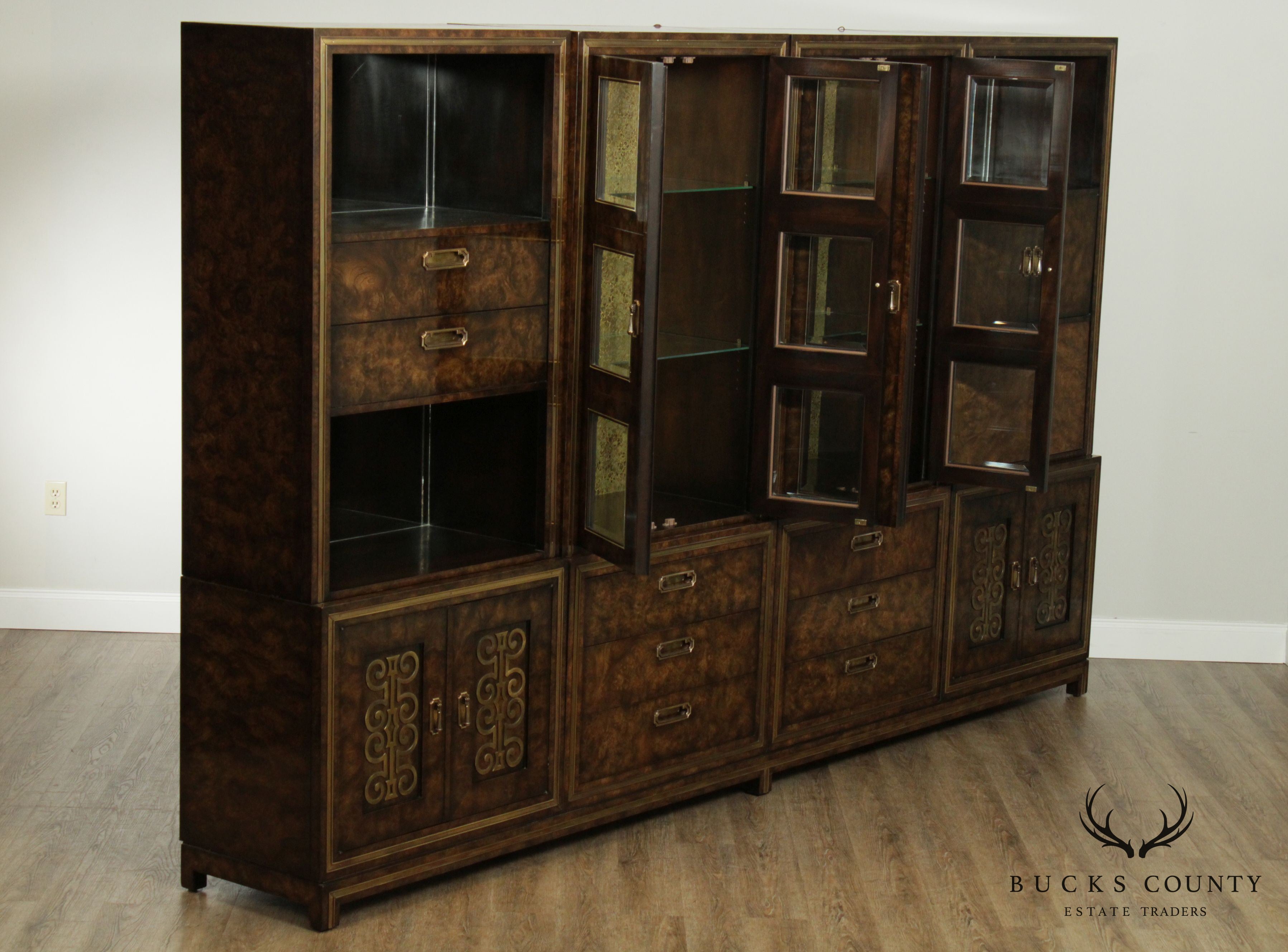 Mastercraft 1970's Hollywood Regency Large Burl Wood & Brass Bookcase Wall Unit