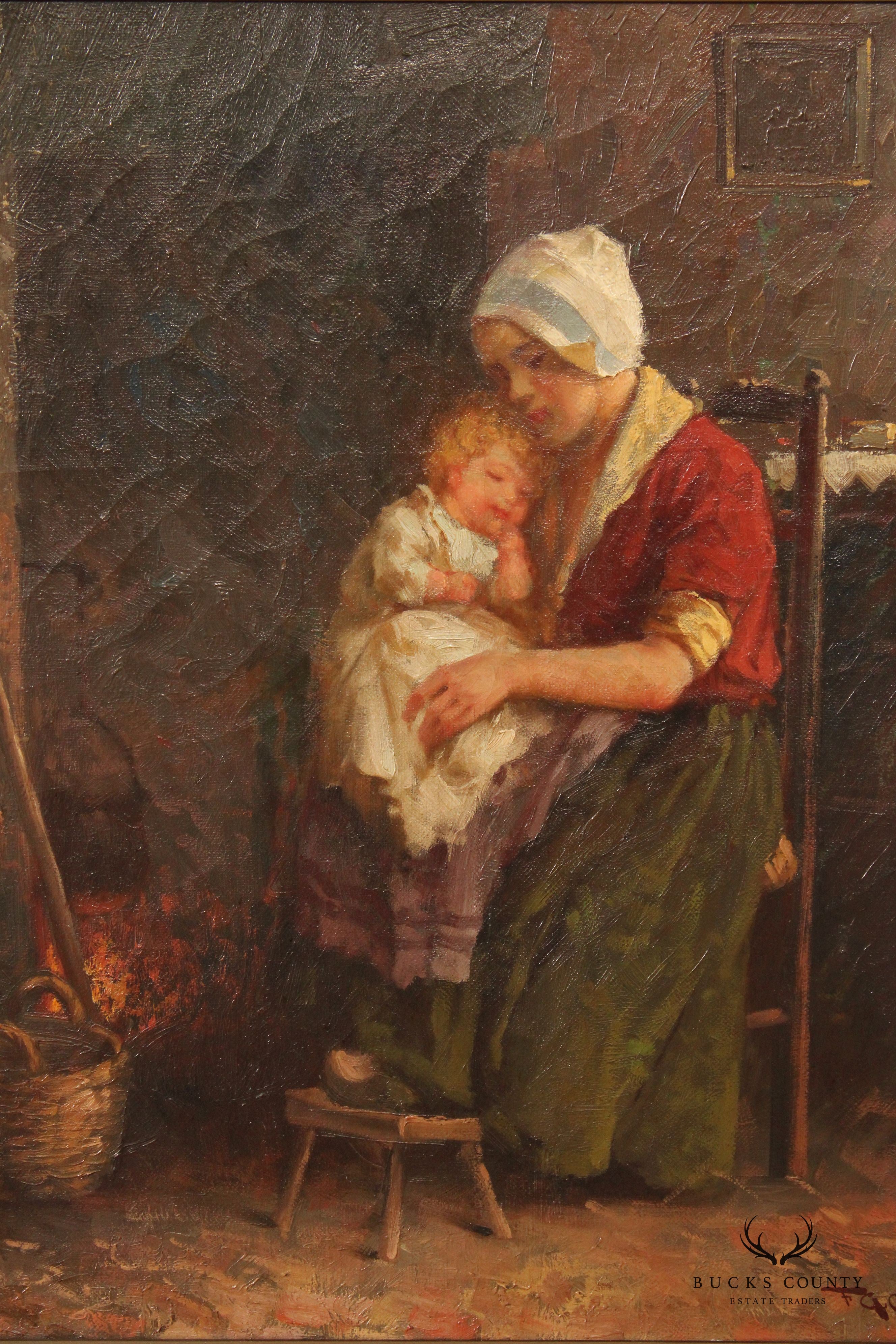 Early 20th C. Dutch Mother and Child Original Oil Painting by F. G. Grust