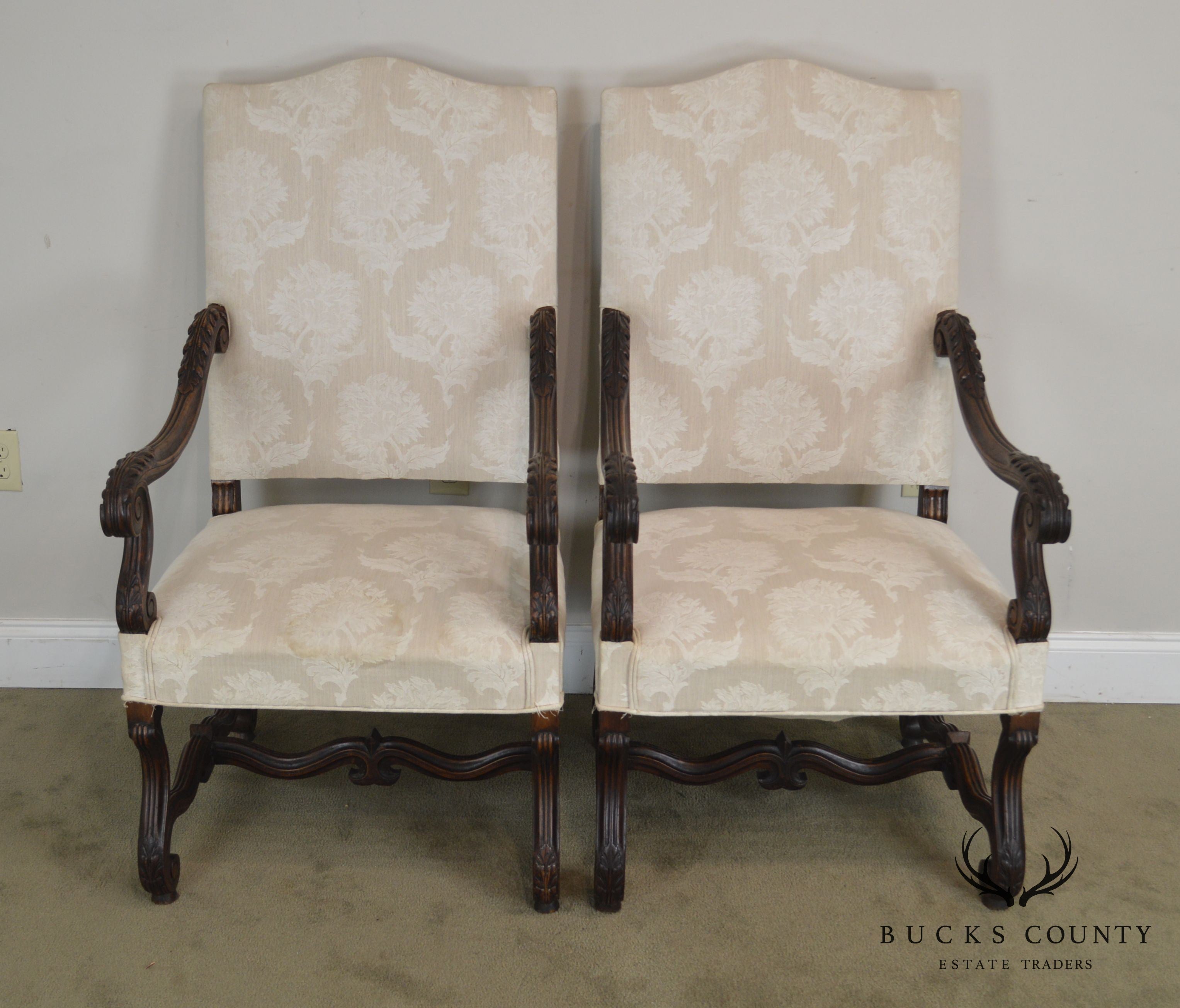 French Louis XIII Style Antique Carved Pair Armchairs