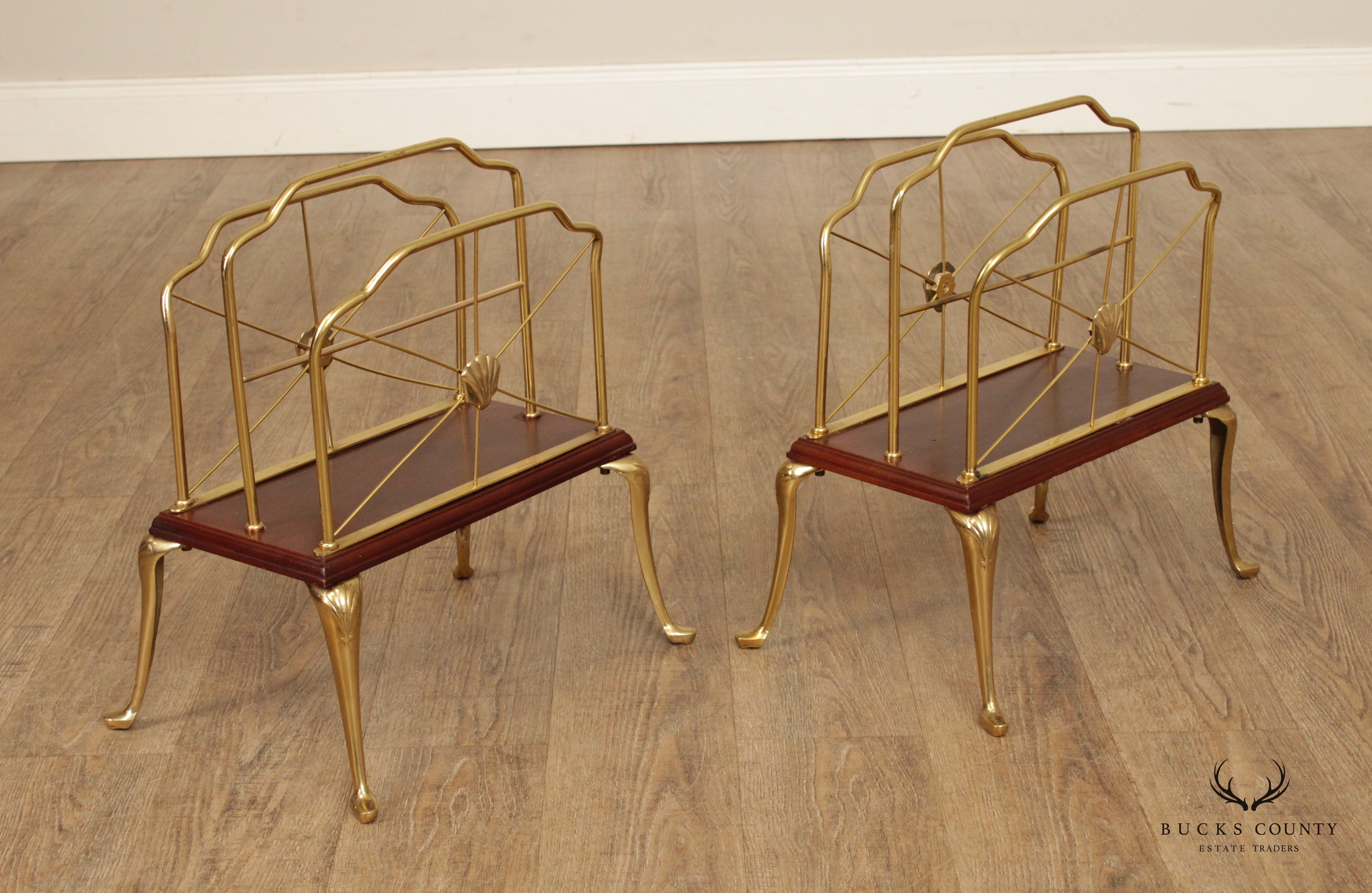 Decorative Crafts Inc. Regency Style Pair of Brass and Cherry Magazine Racks