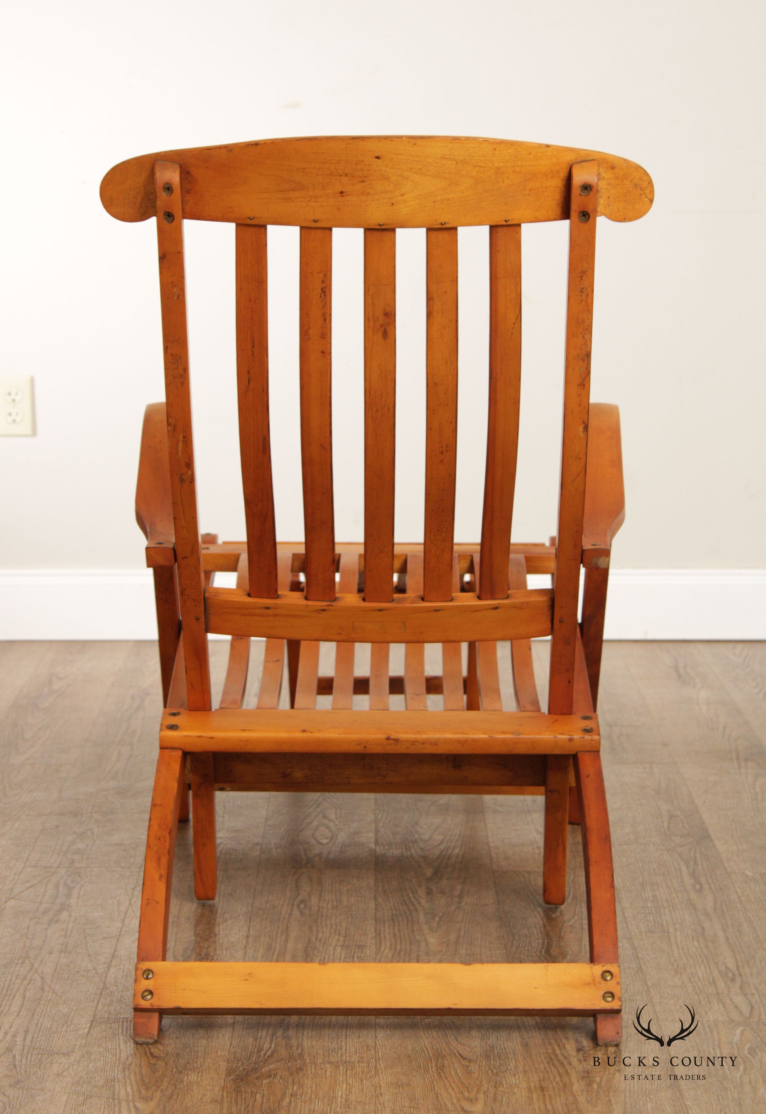 Antique Campaign Style Pair of Maple and Brass Folding Cruise Ship Steamer Lounge Chairs