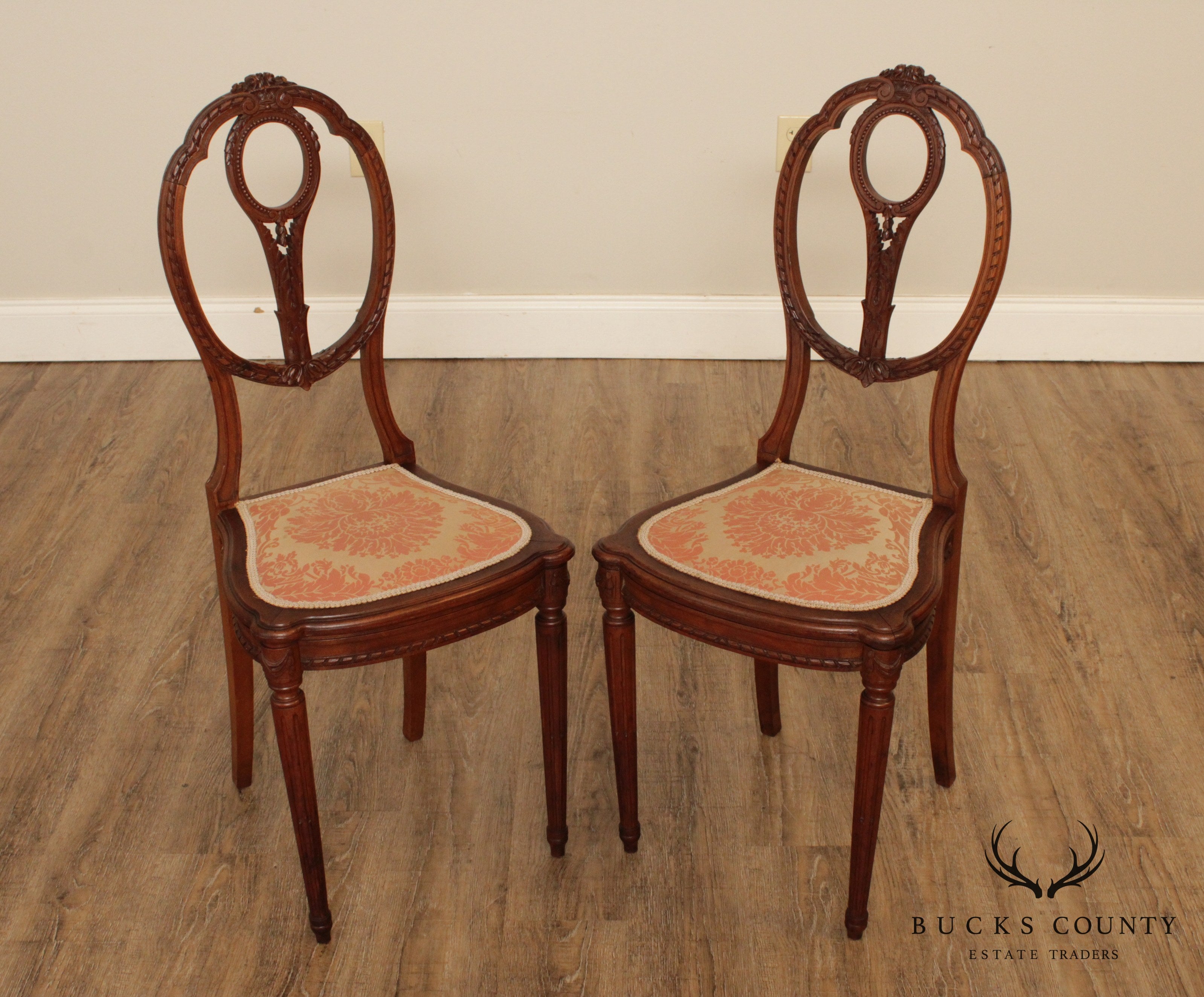 Antique Edwardian Period Pair Carved Walnut Side Chairs