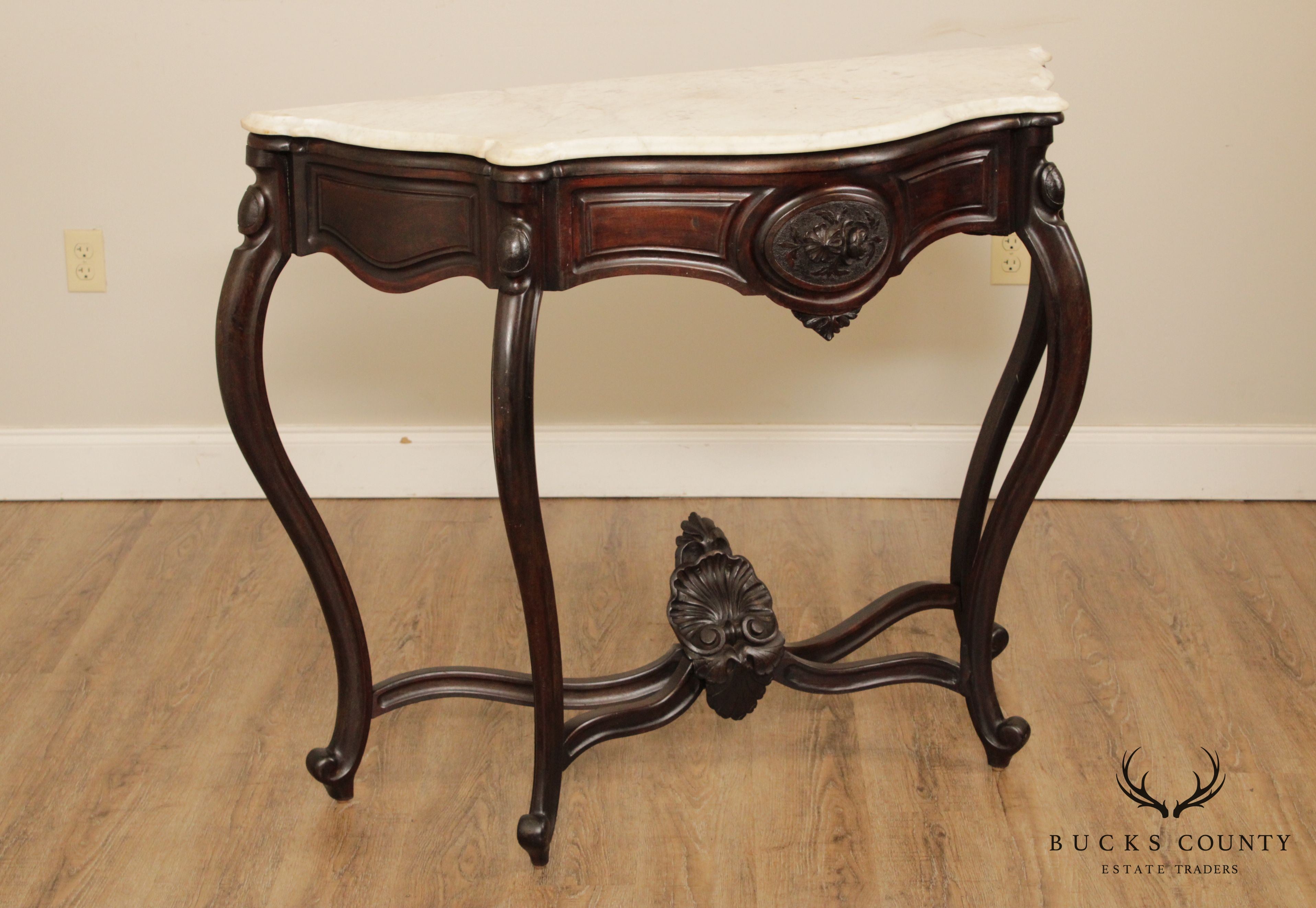 Antique Victorian Renaissance Revival Marble Top Walnut Console Table