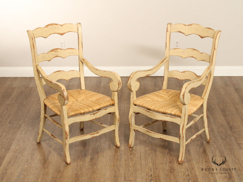 French Country Style Pair of Painted Ladderback Armchairs with Rush Seats