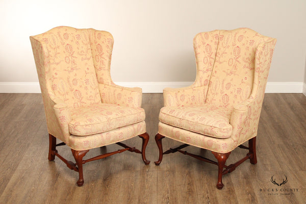 Custom Quality Queen Anne Style Pair of Mahogany Wing Chairs