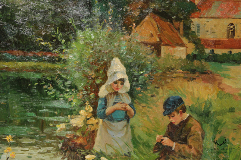 Impressionist Oil Painting on Canvas of Children on a River Bank