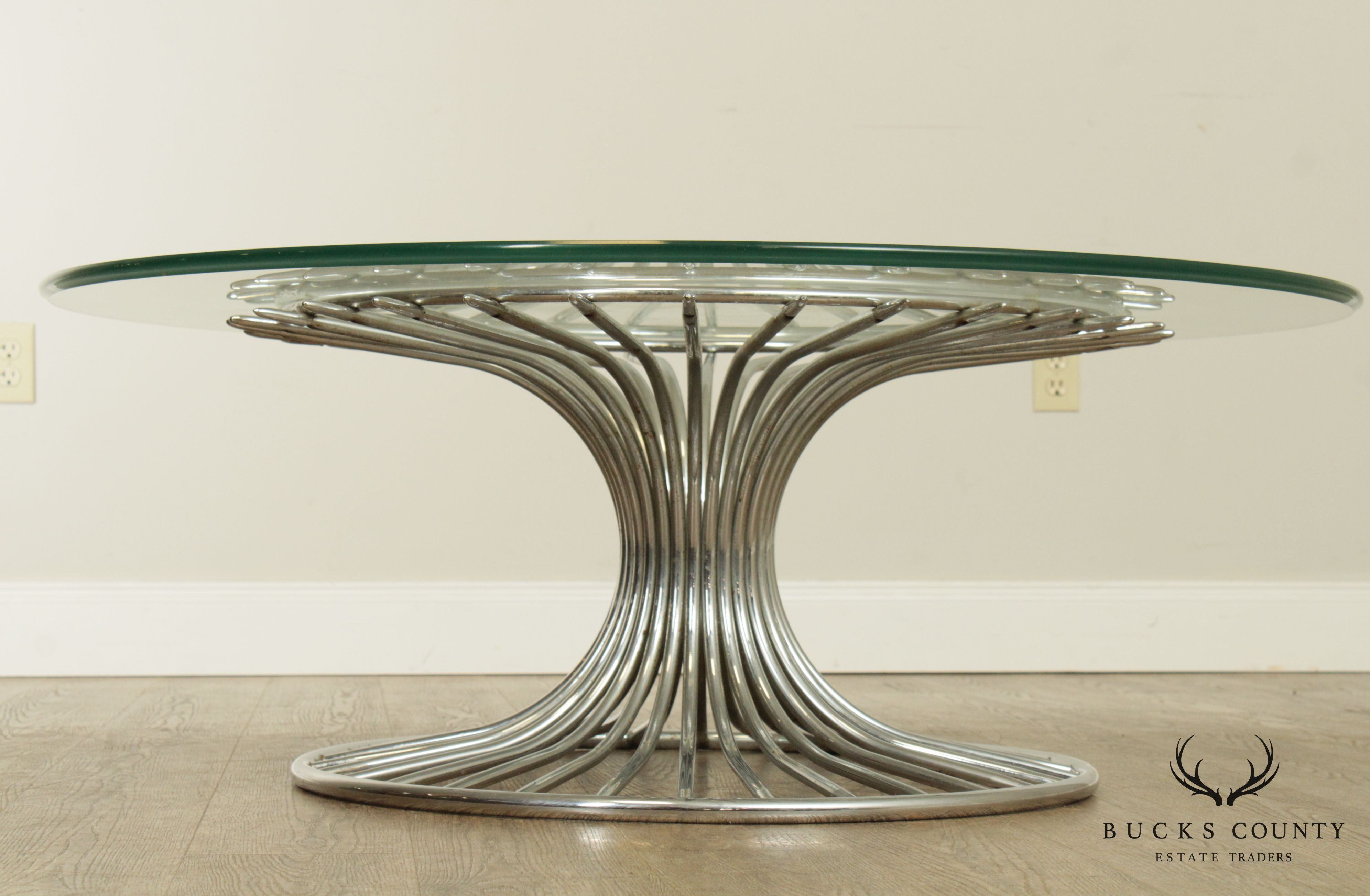 Gastone Rinaldi Italian Postmodern Chrome Base Round Glass Top Coffee Table