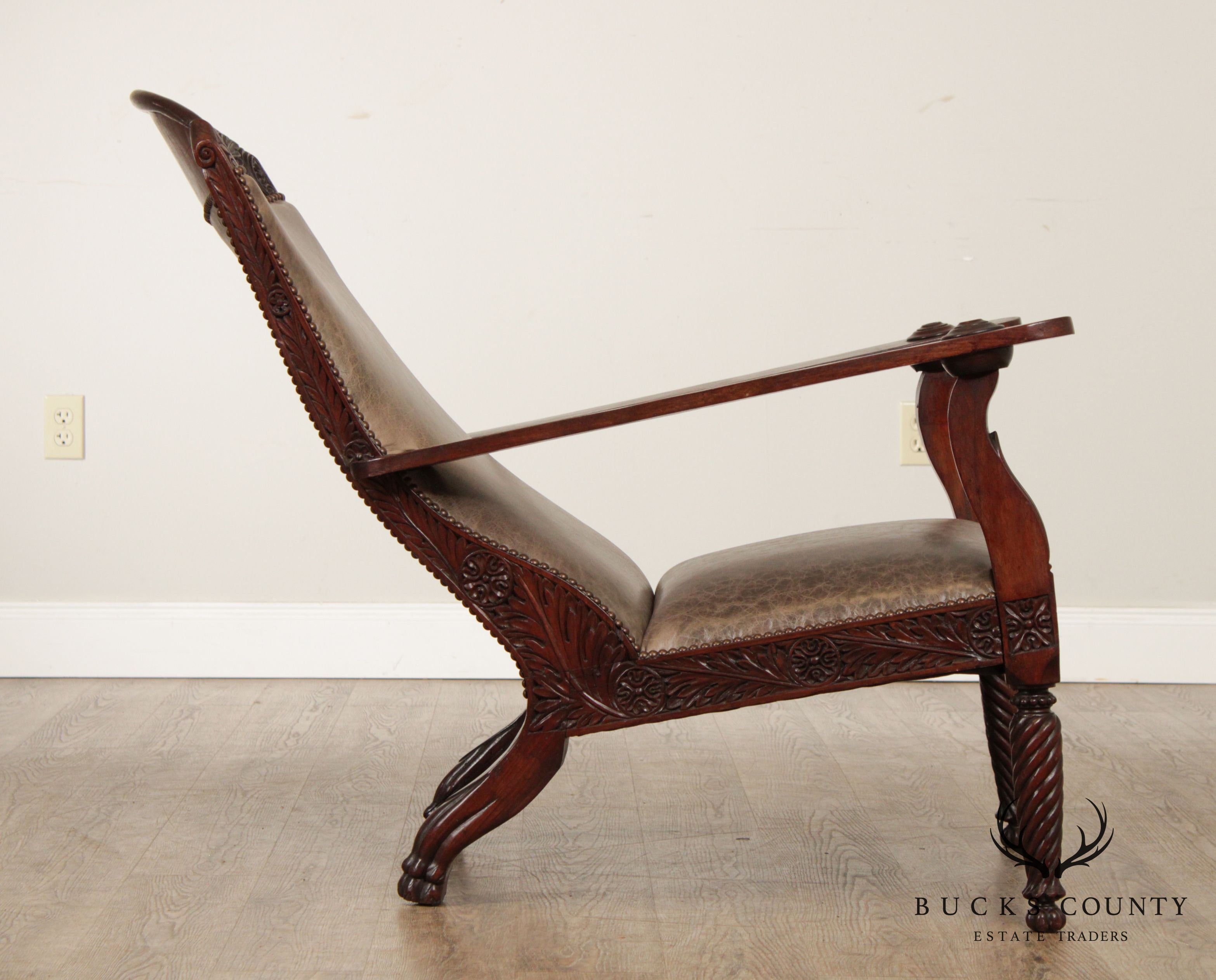 Antique 19th Century Anglo-Indian Carved Rosewood & Leather Armchair