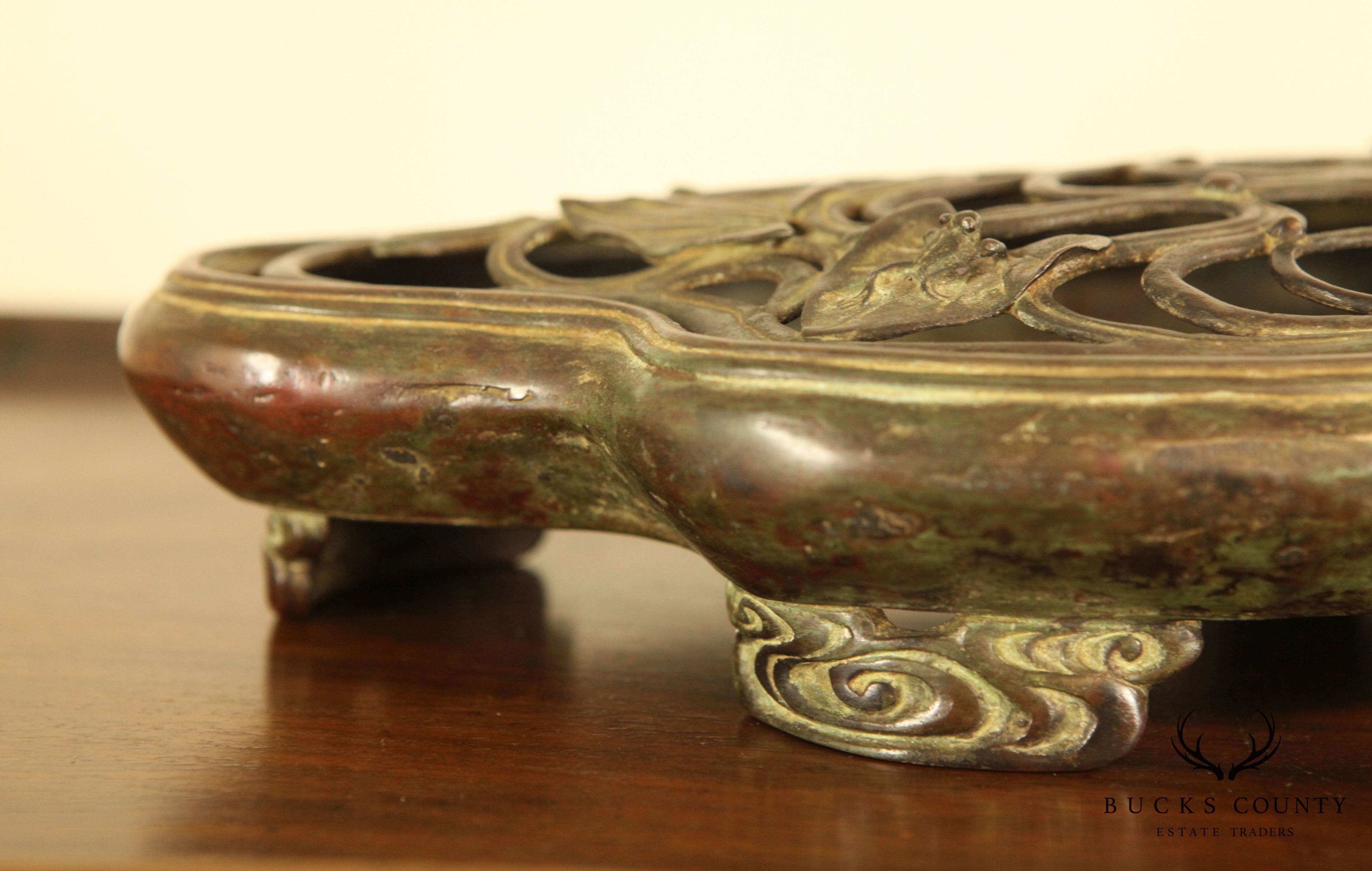 Painted Bronze Pond Form Censer with Frog and Lotus Blossom