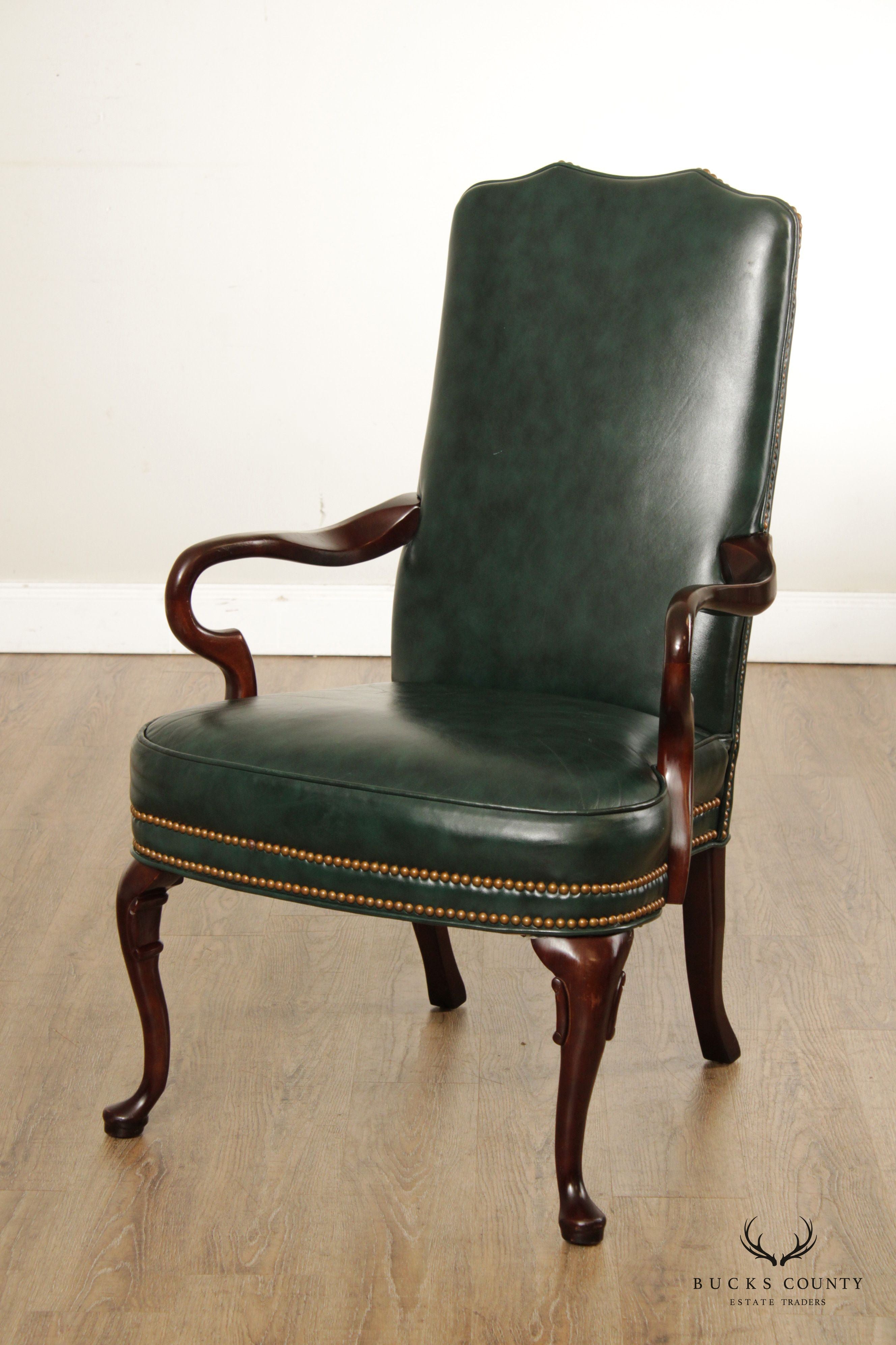 Queen Anne Style Mahogany and Leather Armchair