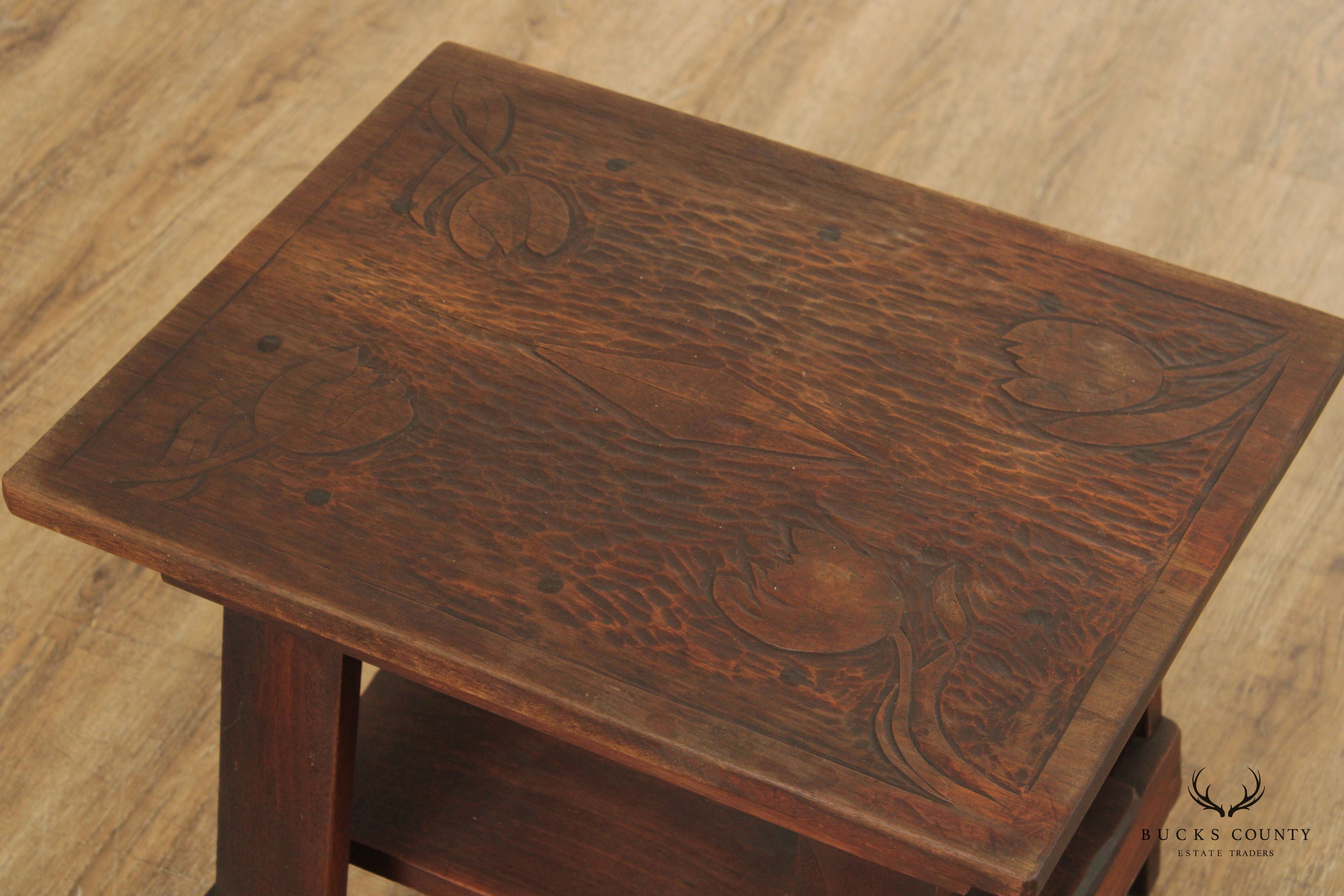 C.W. Davis Arts & Crafts Style Carved Side Table