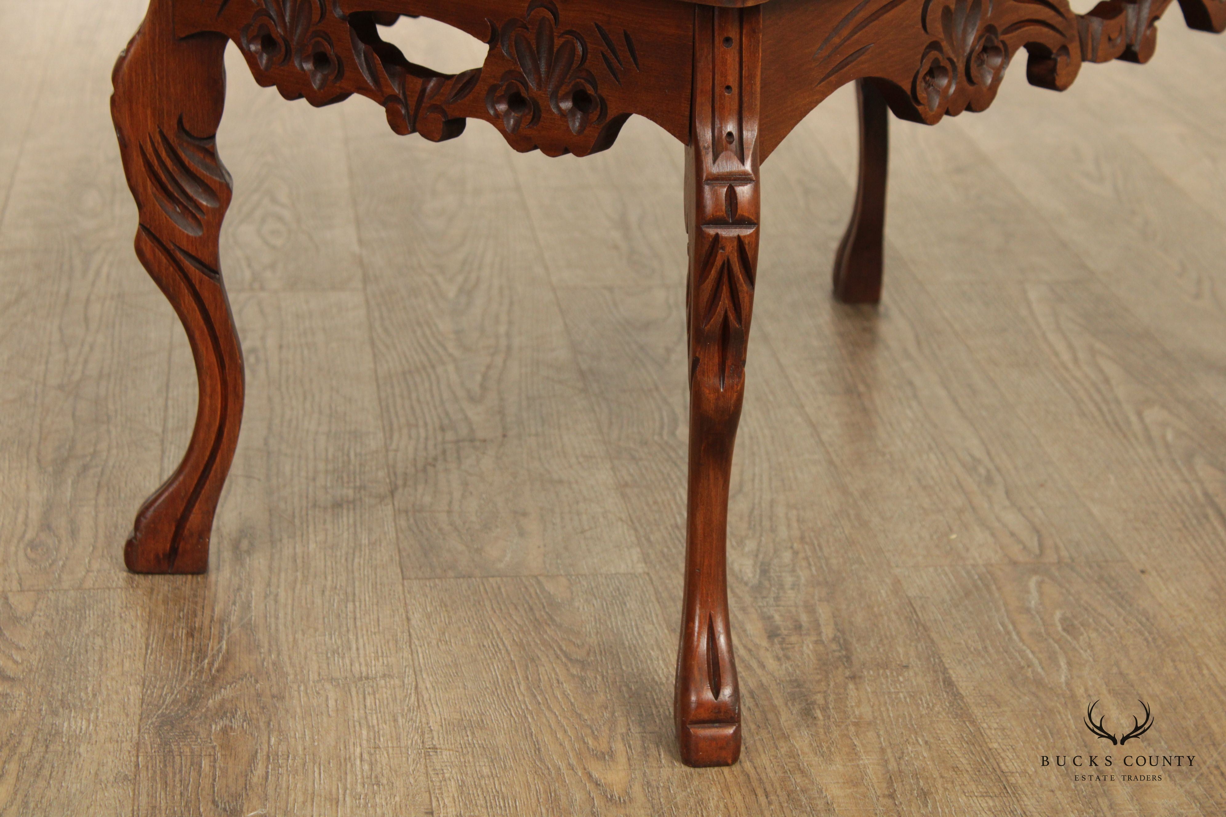 French Style Vintage Glass Top Carved Walnut Coffee Tray Table