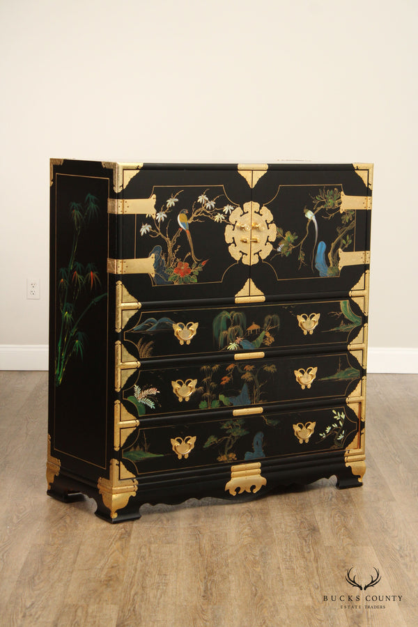 Chinoiserie Decorated Black Lacquer Chest of Drawers