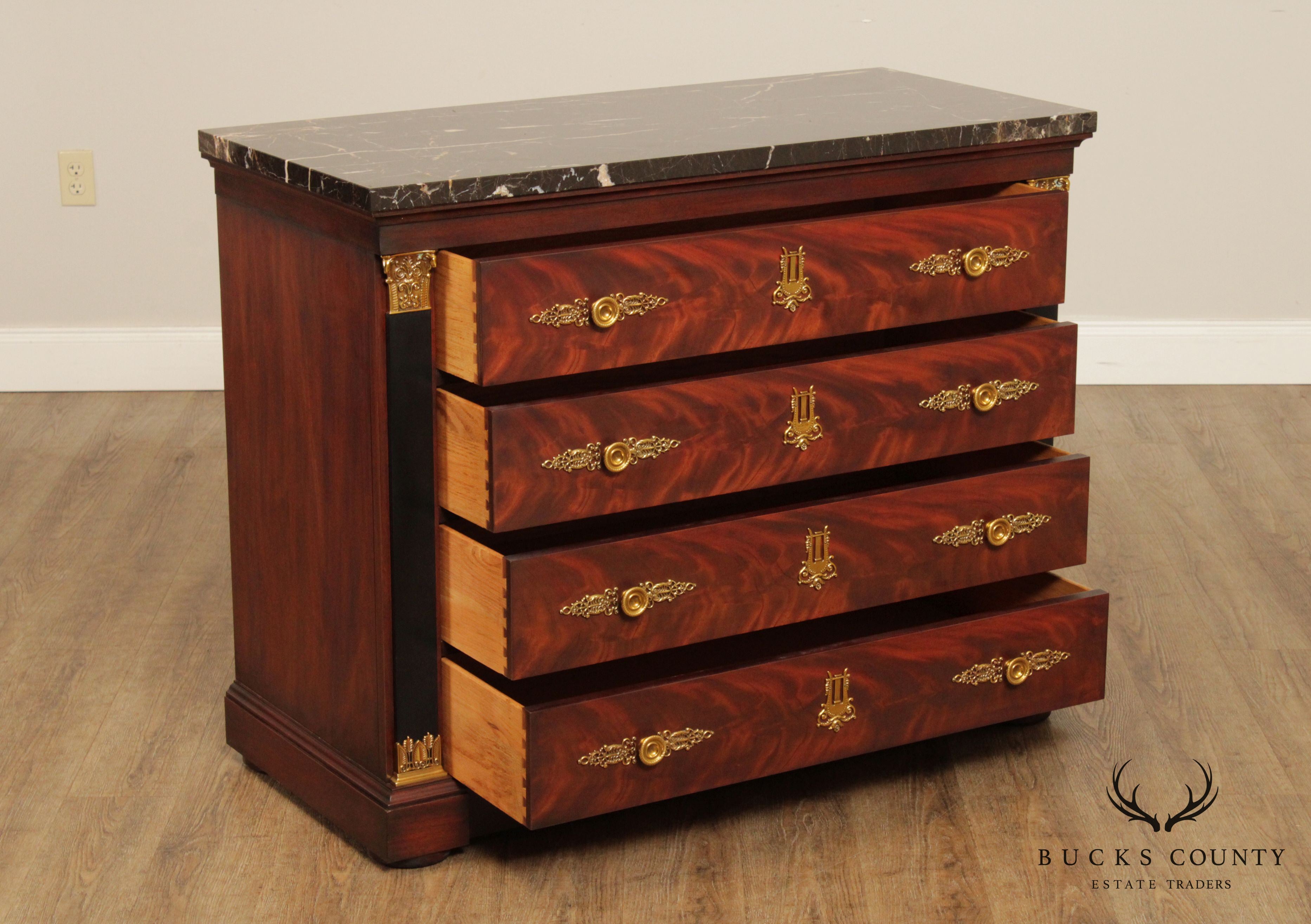 Henkel Harris Empire Style Mahogany Marble Top Chest of Drawers