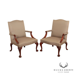 Chippendale Style Pair of Mahogany Ball and Claw Foot Library Armchairs