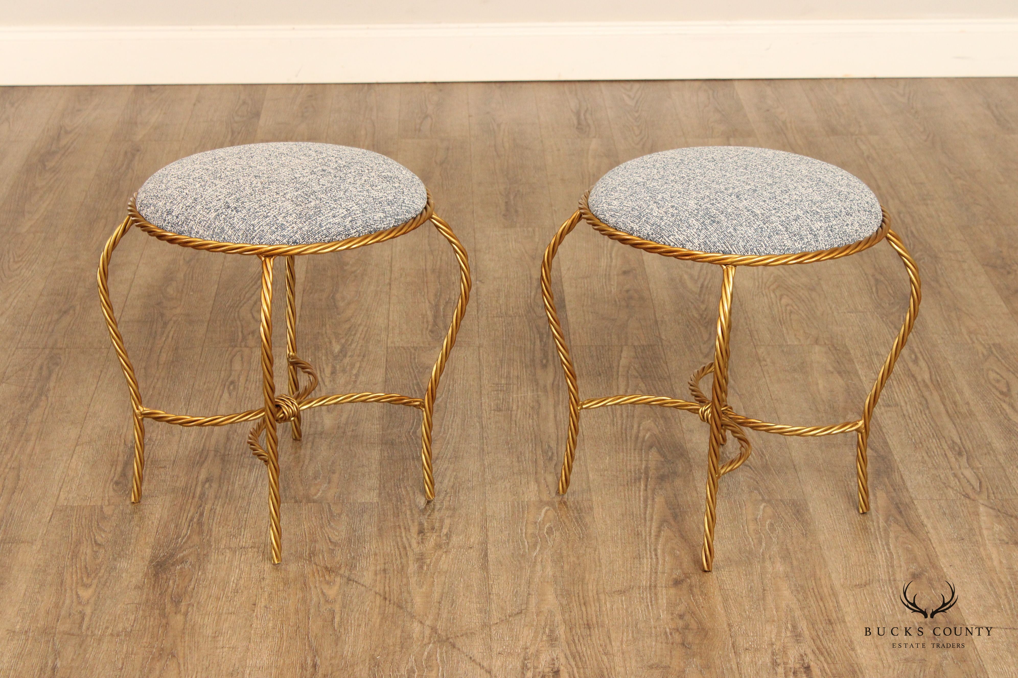 Hollywood Regency Pair of Gilt Metal Rope Twist Stools