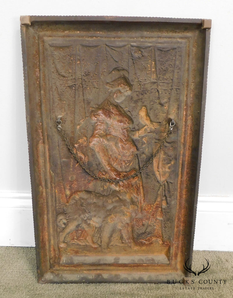 Antique Cast Iron European Relief Wall Plaque of Woman with Dog and Bird