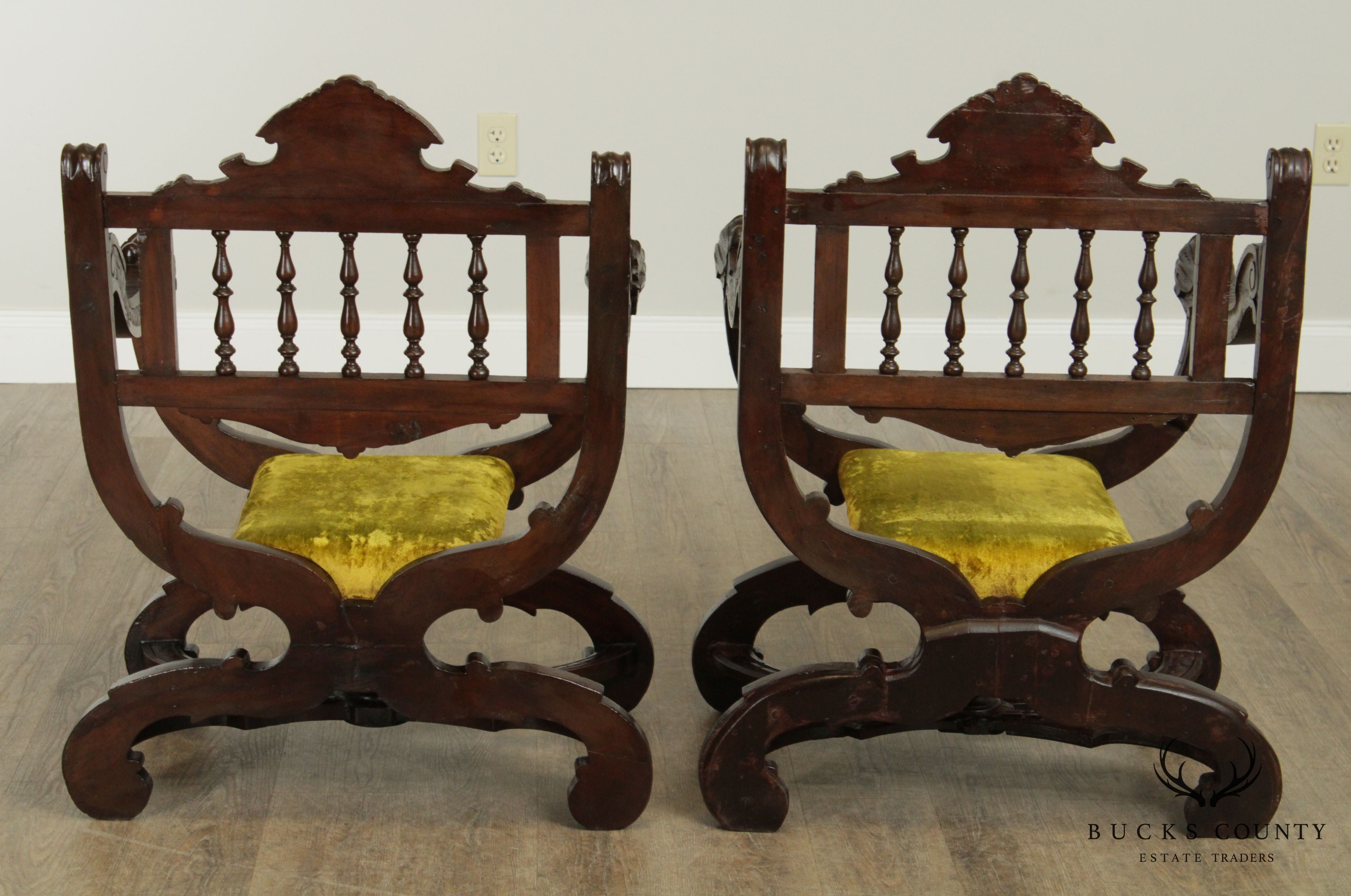 Antique Italian Renaissance Style Style Pair Carved Savonarola Armchairs