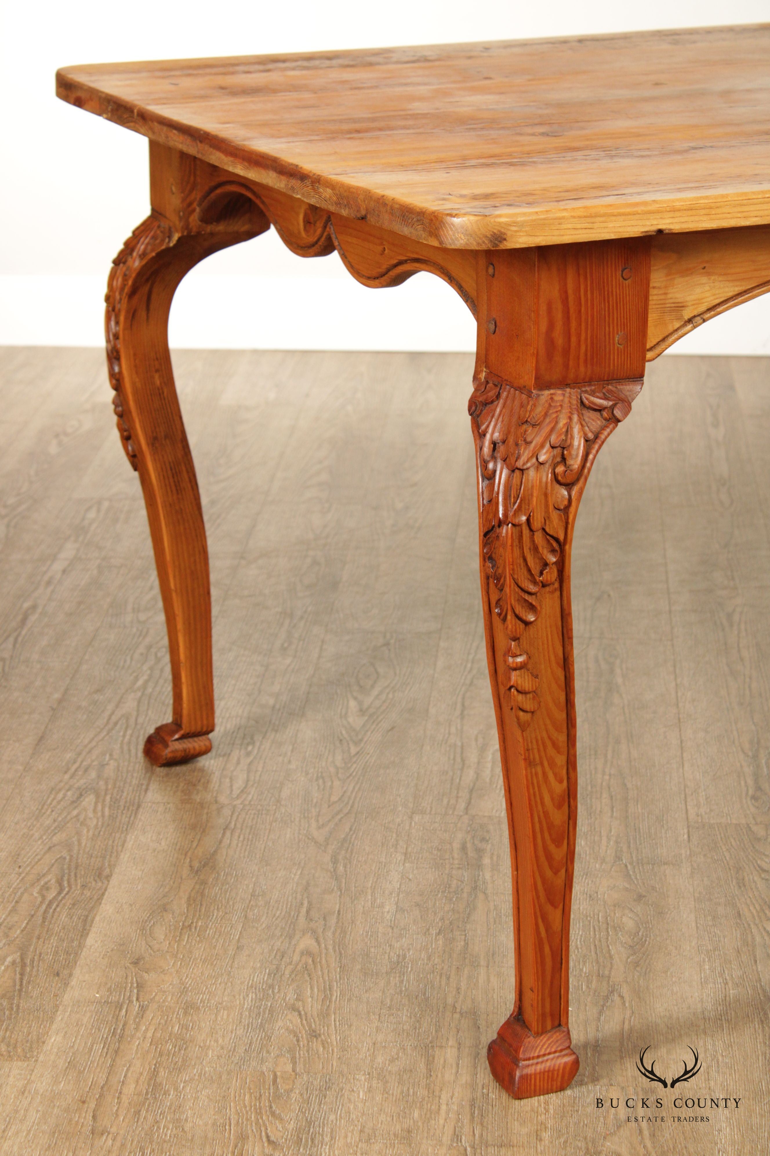 French Country Farmhouse Style Pine Carved Dining Table