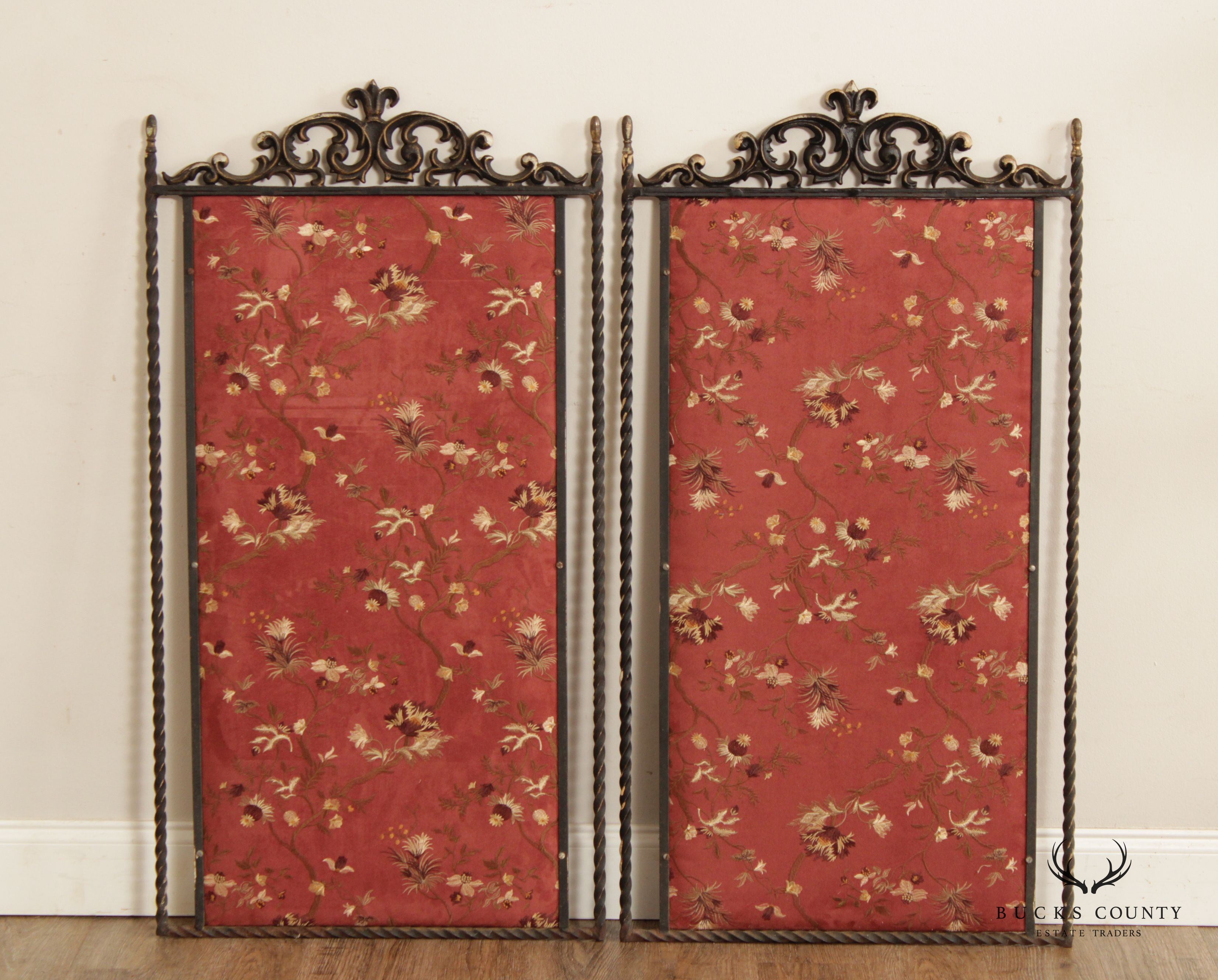 Antique Pair Embroidery & Wrought Iron Decorative Wall Panels