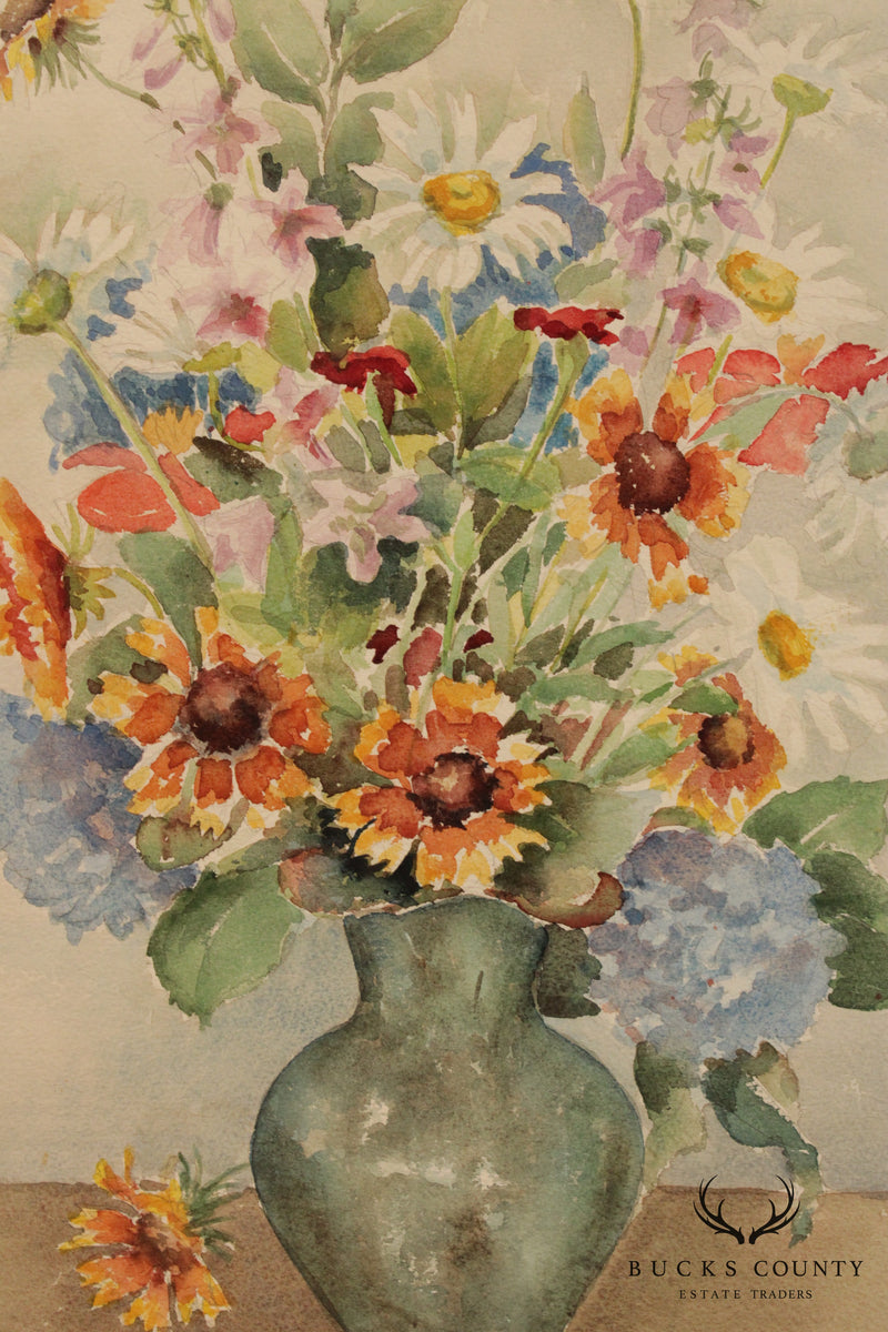 M. Herdt Original Water Color Painting Still Life, Flowers in Vase